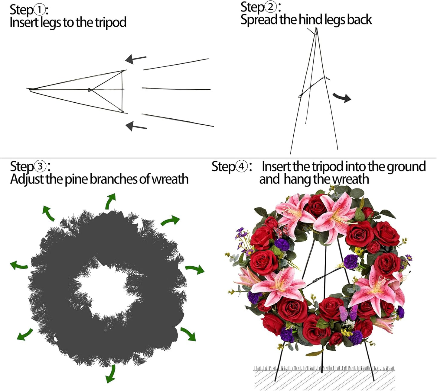 Regine Switzerland Cemetery Wreath - Handmade Floral Arrangement with 30-Inch Easel Stand | Red & Pink Roses, Lilies, Daisies, Carnations