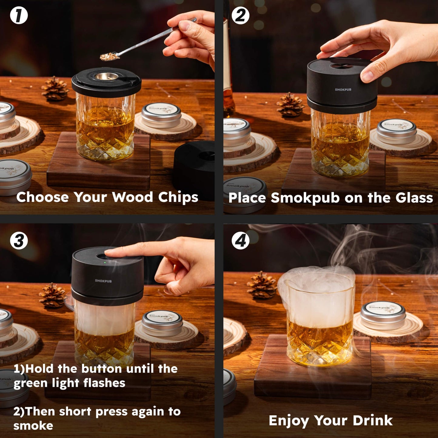 SMOKPUB Electric Whiskey Smoker Kit Built-in Lighter, No Butane Needed, Rechargeable Cocktail Smoker Kit with 6 Wood Chips, Old Fashioned Drink Smoker Kit, Bourbon Whiskey Gifts for Men,Dad,Husband