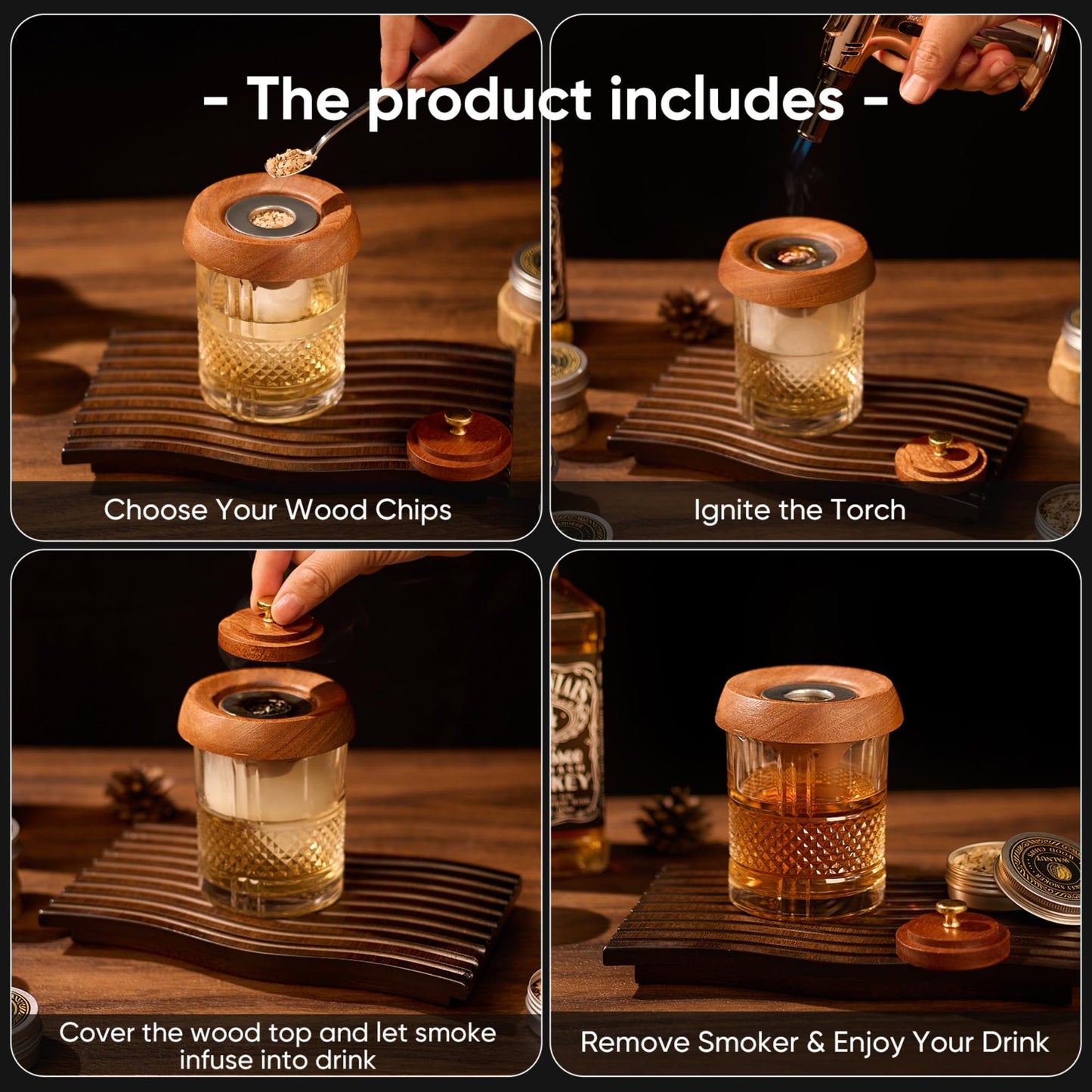 VYRONALEN Whiskey Smoker Kit with Torch, 6 Wood Chip Flavors, 2 Heavy Whiskey Glasses, 2 Ice Ball Molds, Cocktail Smoker Kit for Old Fashioned, Bourbon & Drinks, Gift Set for Men, Father (No Butane)