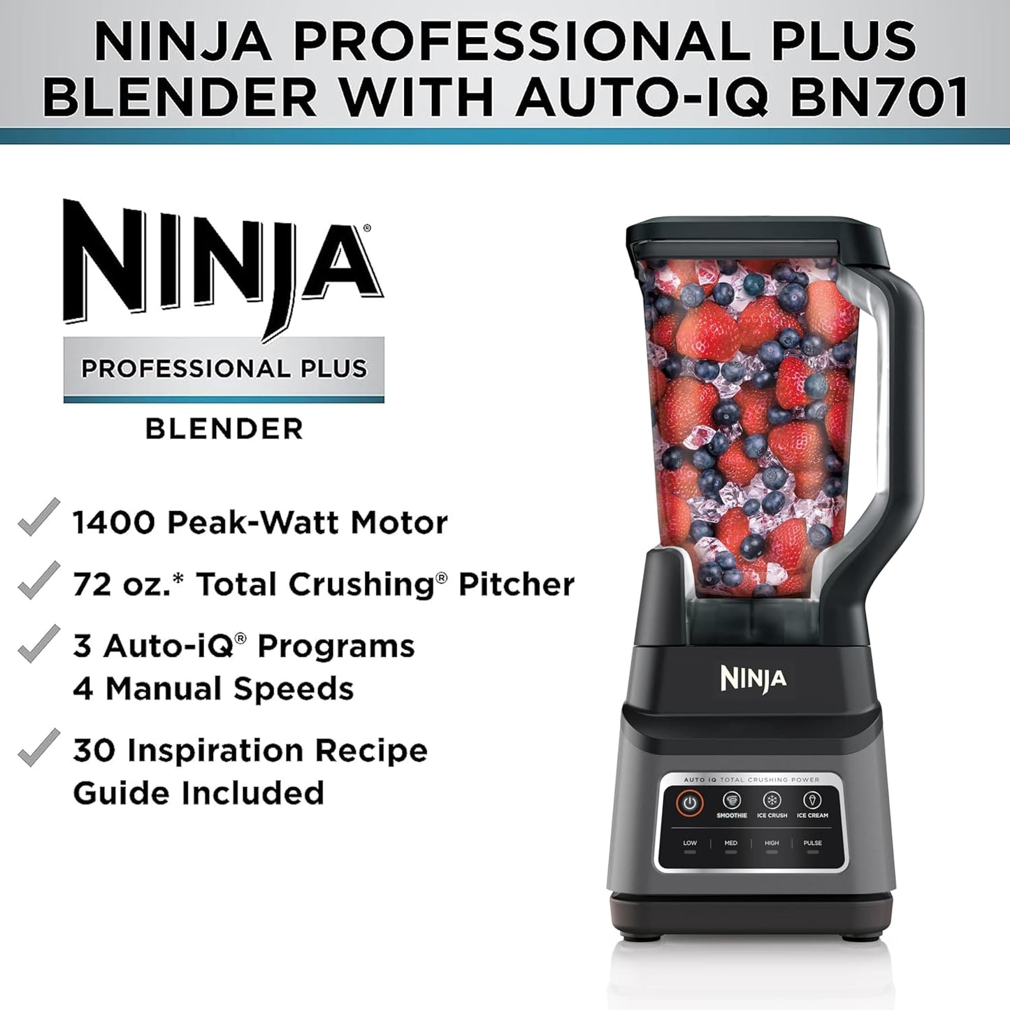 Ninja Professional Plus Blender - Powerful Smoothie & Frozen Drink Maker | 1400W, 72oz Pitcher | Dark Grey, 3 Auto IQ™ Presets