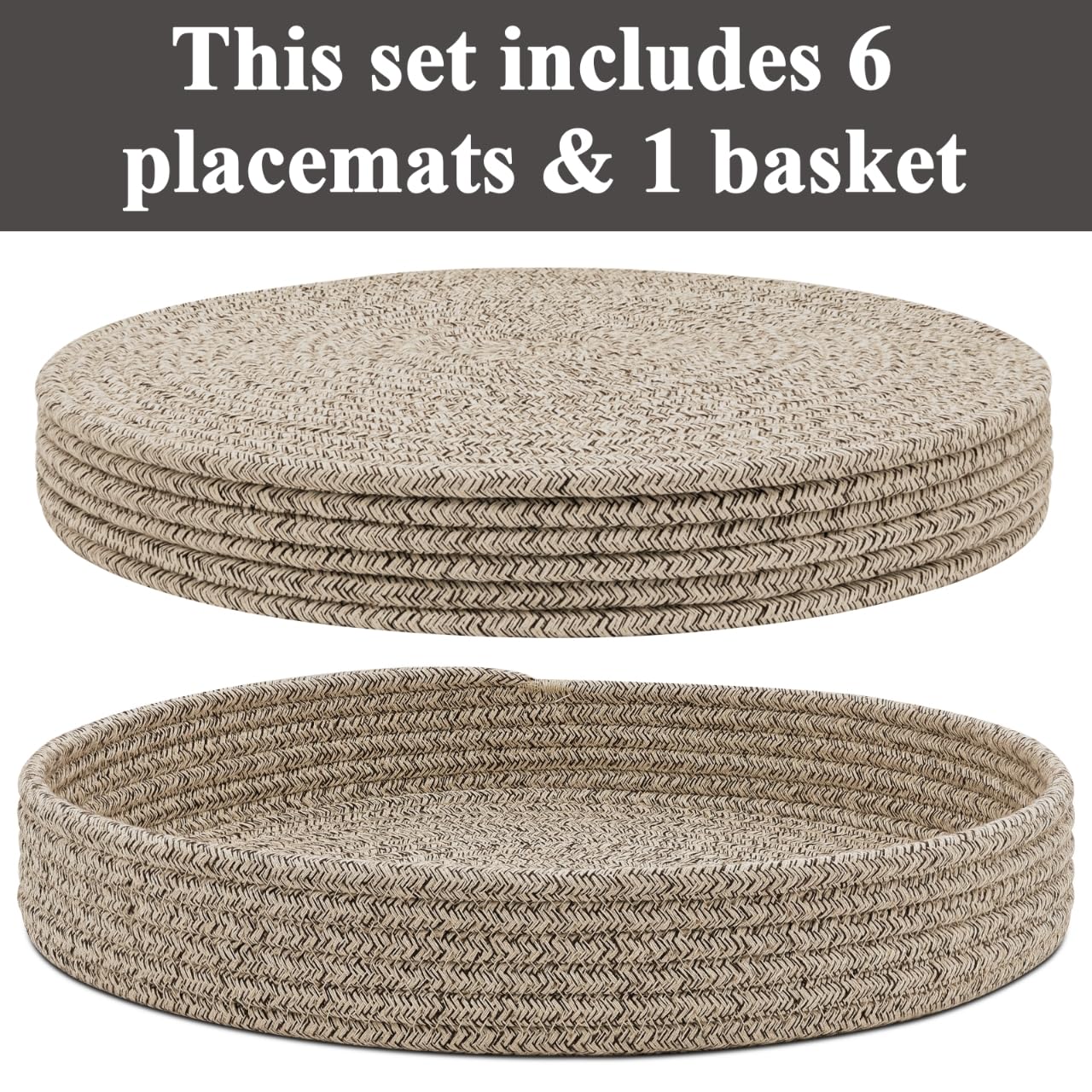 Round Placemats Set of 6 with Holder, Cotton Rope Woven Place Mats, Hot Pads for Kitchen, Heat Resistant Table Mats, 13 Inch Farmhouse Washable Braided Placemat for Kitchen Decor (Brown)