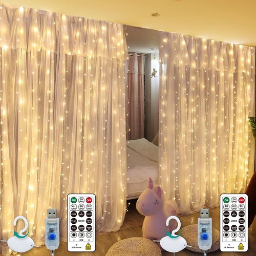 HXWEIYE 300LED Fairy Curtain Lights - 9.8x9.8Ft USB Plug-In with Remote | 8 Modes for Wedding & Bedroom Decor - Warm White, 2 Pack