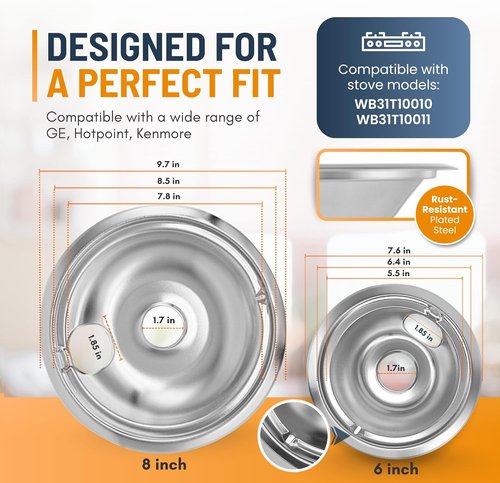 GE Electric Stove Drip Pans Set of 4 - Replacement 6-Inch & 8-Inch Drip Pans for GE & Hotpoint Ranges
