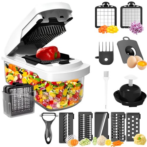 Homizia Vegetable Chopper with Container - 15-in-1 Mandoline Slicer, Food Dicer, Onion Cutter & Cheese Grater - Manual Veggie Chopper with Storage, Stainless Steel Blades