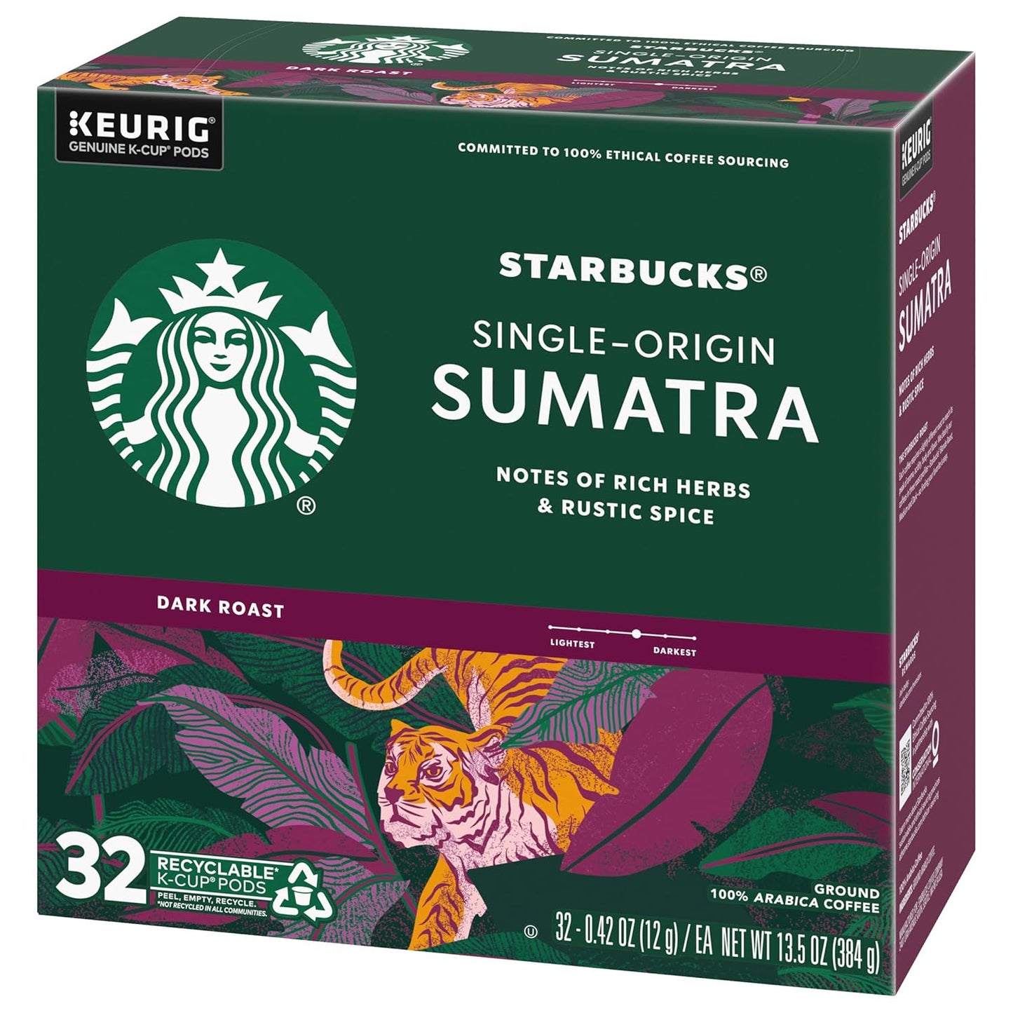Starbucks K-Cup Pods - Sumatra Dark Roast Single-Origin Coffee - 32 Count (Pack of 4)