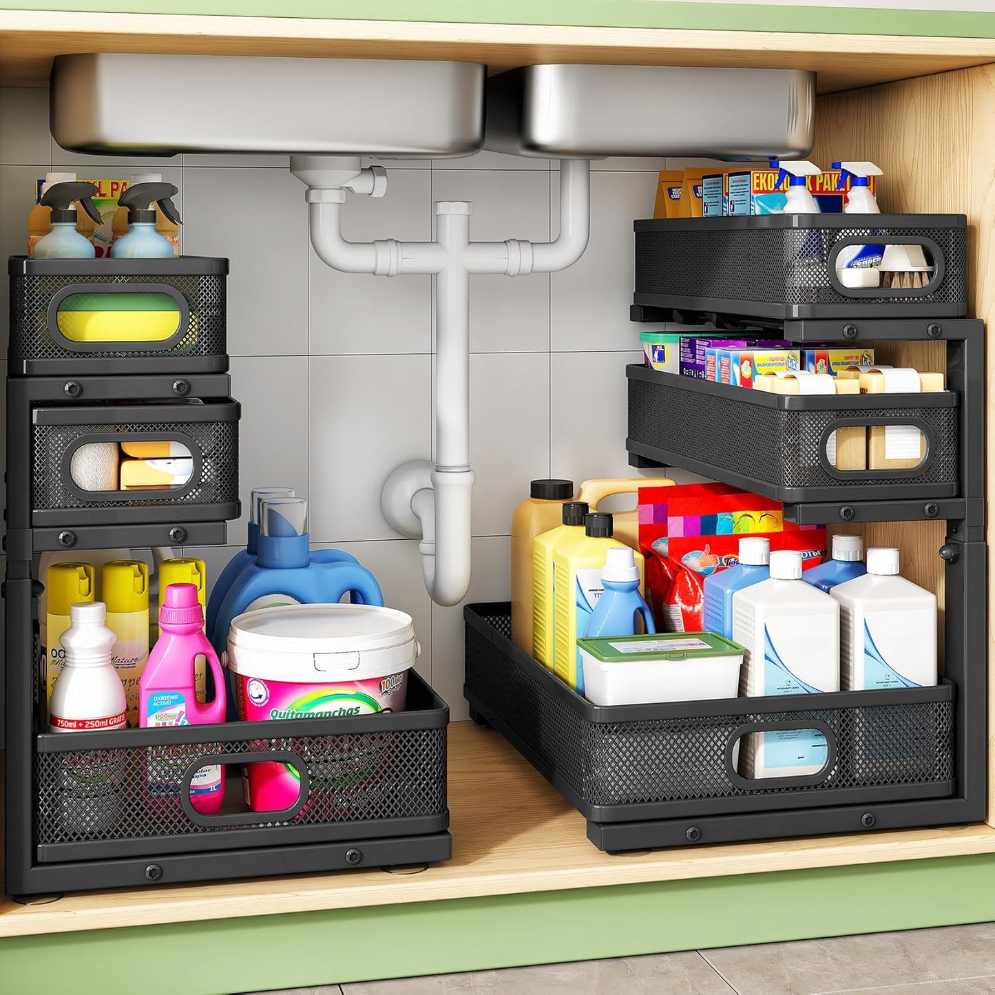 Kitstorack Under Sink Organizer - 2-Pack Adjustable Metal Cabinet Shelf | Slide-Out Storage for Bathroom & Kitchen