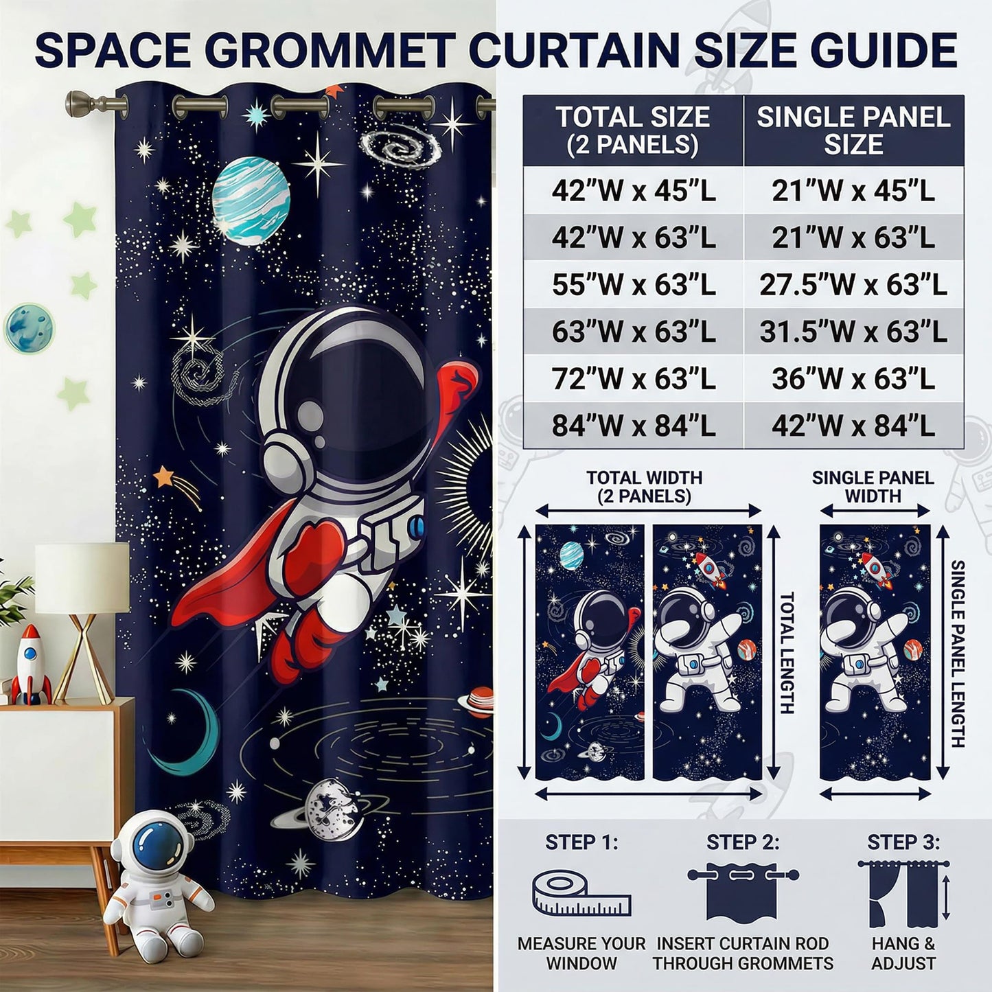 Space Curtains for Boys Room – Astronaut Themed Blackout Grommet Drapes, Thermal Insulated Outer Space Curtains Panels for Kids Bedroom, 42 x 45 Inch