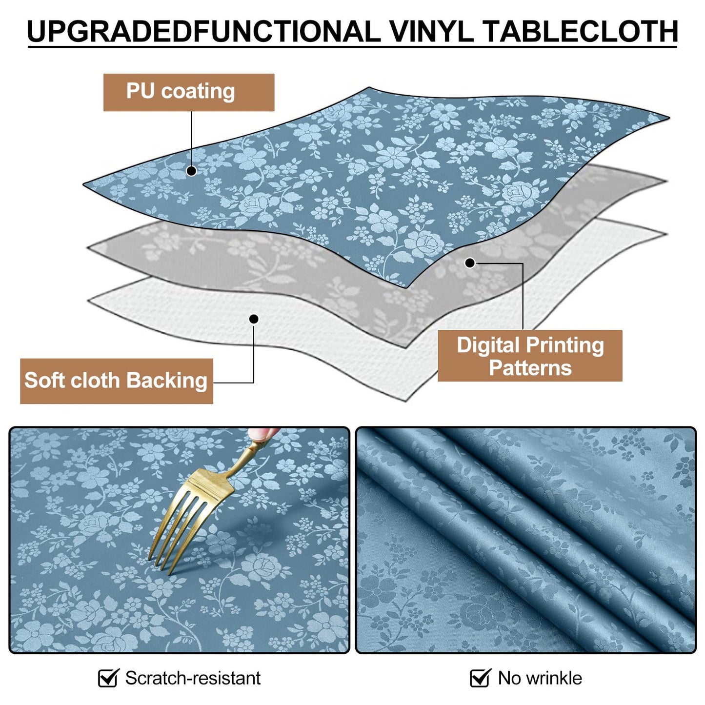 Smiry Rectangle Table Cloth, Waterproof Heavy Duty Vinyl Tablecloths, Wipeable Washable Table Cover for Kitchen and Dining Room (Stone Blue, 60" X 126")