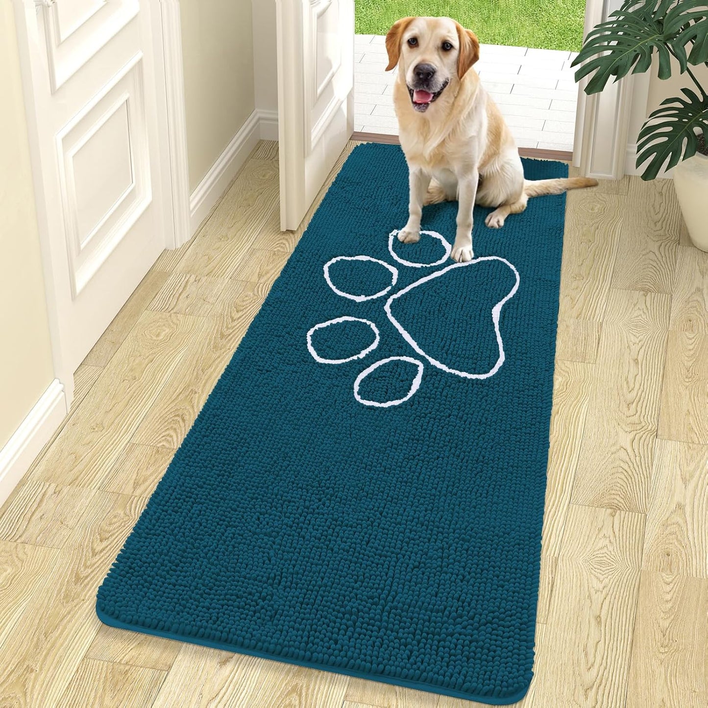 OLANLY Dog Door Mat - Absorbent Non-Slip Muddy Paws Mat | Quick Dry Chenille, 70x24, Atlantic Blue