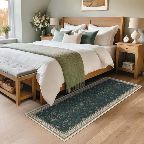 Hazo Haus Dark Green Kitchen Rug - Modern Vintage Boho Floral Design, Washable Non-Slip Runner 2x6 ft