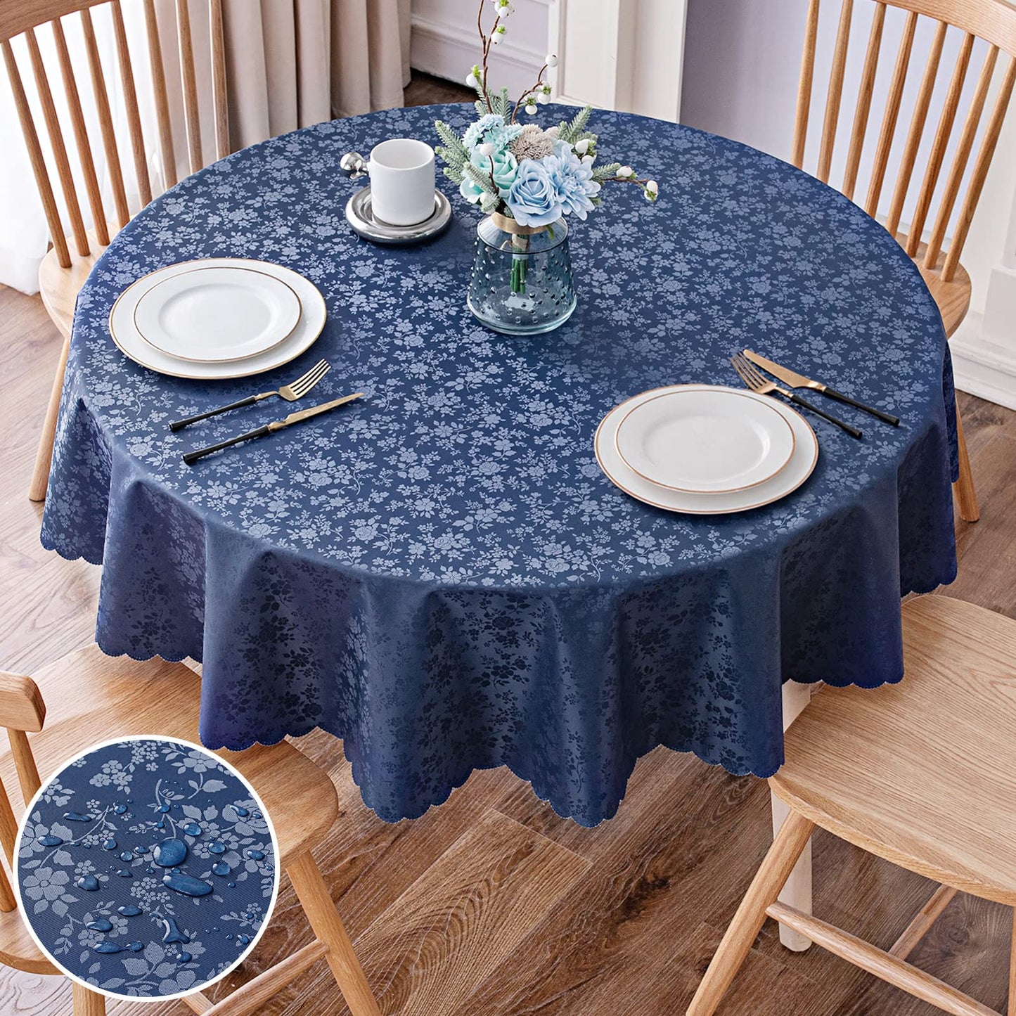 Smiry Round Table Cloth, Waterproof Heavy Duty Vinyl Tablecloths, Wipeable Washable Table Cover for Kitchen and Dining Room (Navy Blue, 70" x 70")
