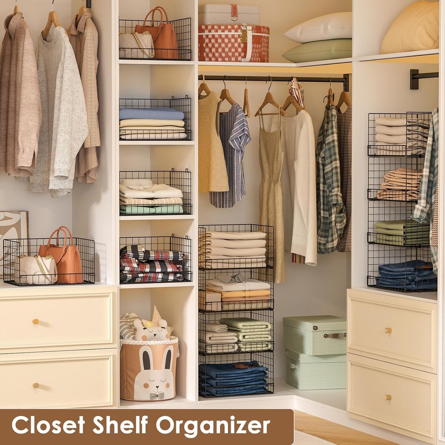 Yociyoga 4-Tier Closet Organizer - Stackable Storage Shelves & Foldable Bins | Black