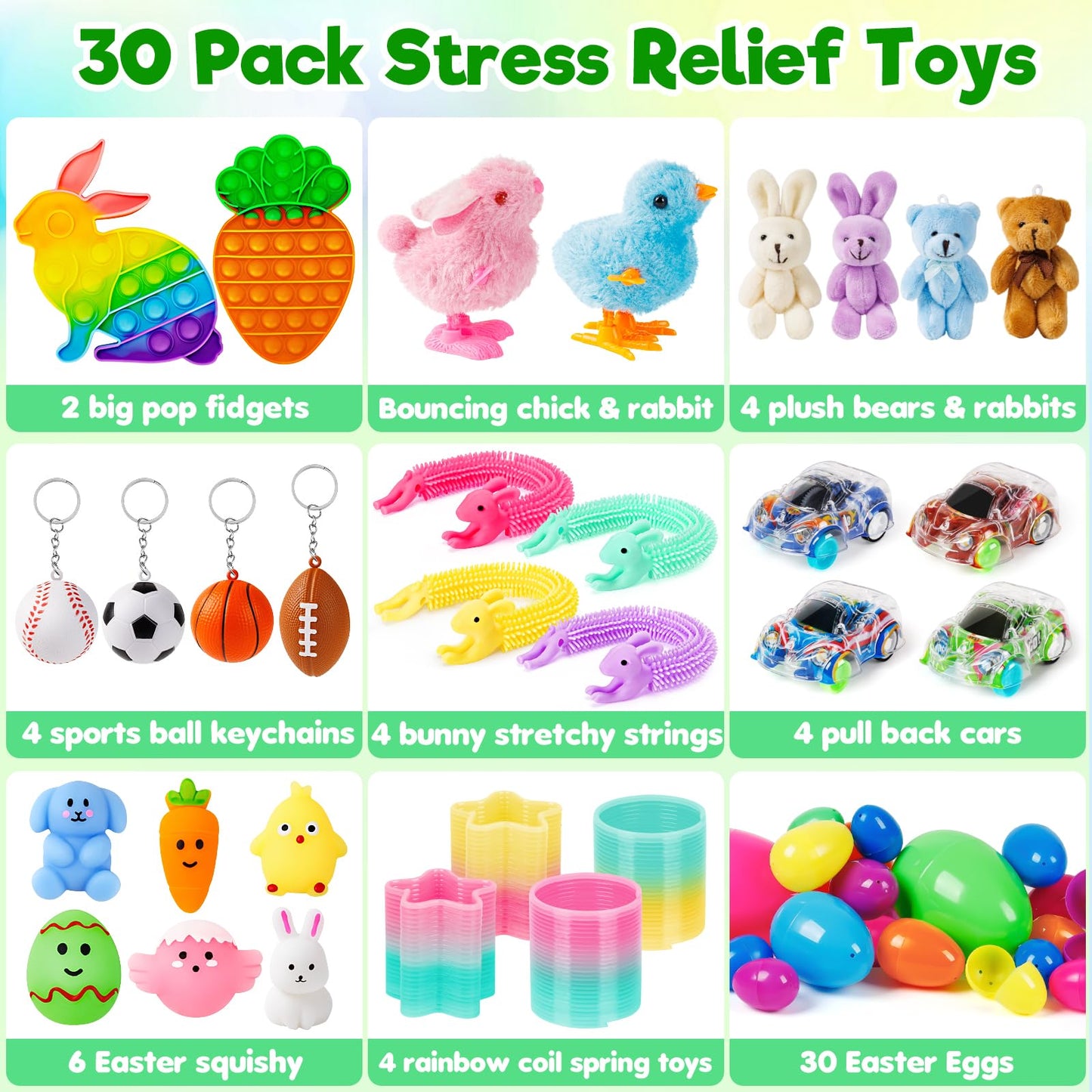 Jumlys 30 Pack Prefilled Easter Eggs with Toys, Mix 4 Sizes Surprise Plastic Easter Eggs with Toys Inside, Perfect for Easter Egg Hunt , Basket Stuffers and Party Favors
