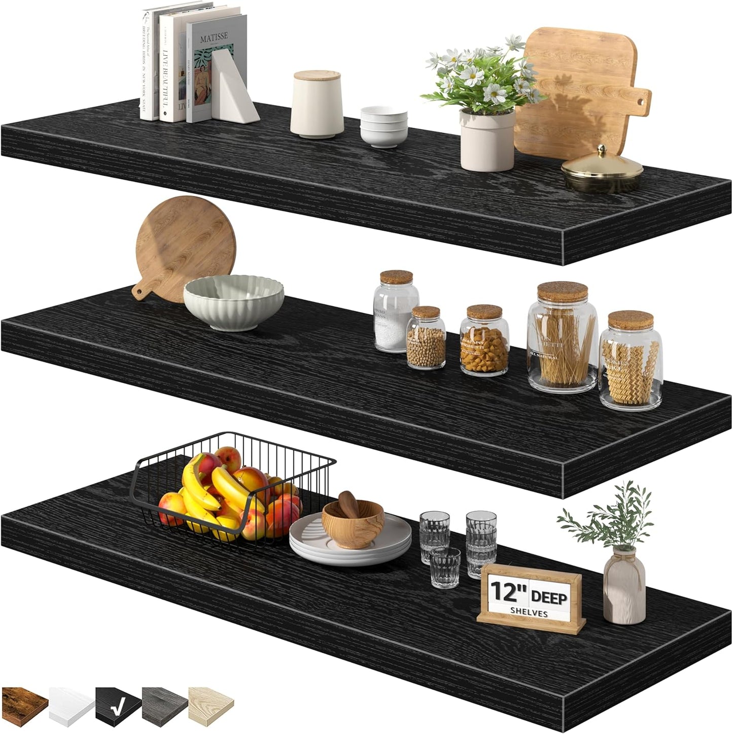 QEEIG 12" Deep Floating Shelves - Set of 3 Black Bookshelves for Bathroom, Bedroom, Kitchen & Living Room