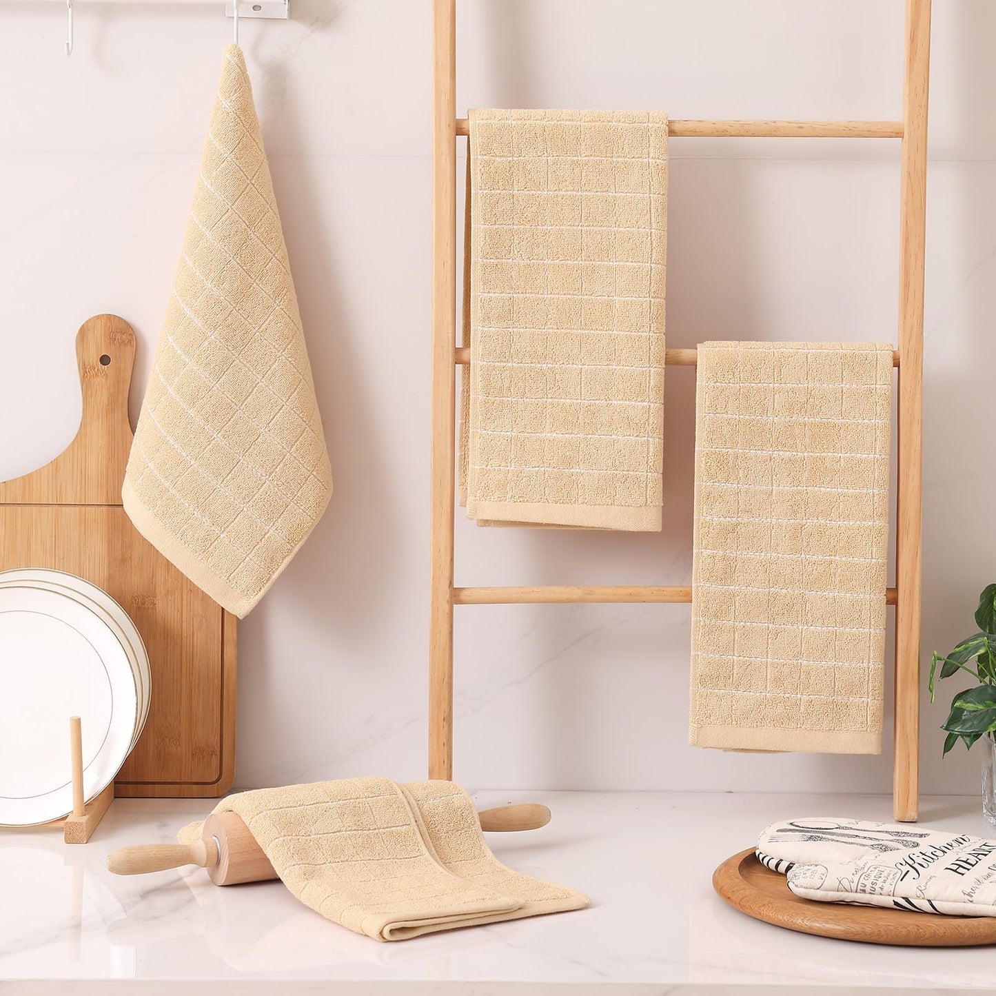 Homaxy 100% Cotton Terry Kitchen Towels(Apricot, 13 x 28 inches), Checkered Designed, Soft and Super Absorbent Dish Towels, 6 Pack