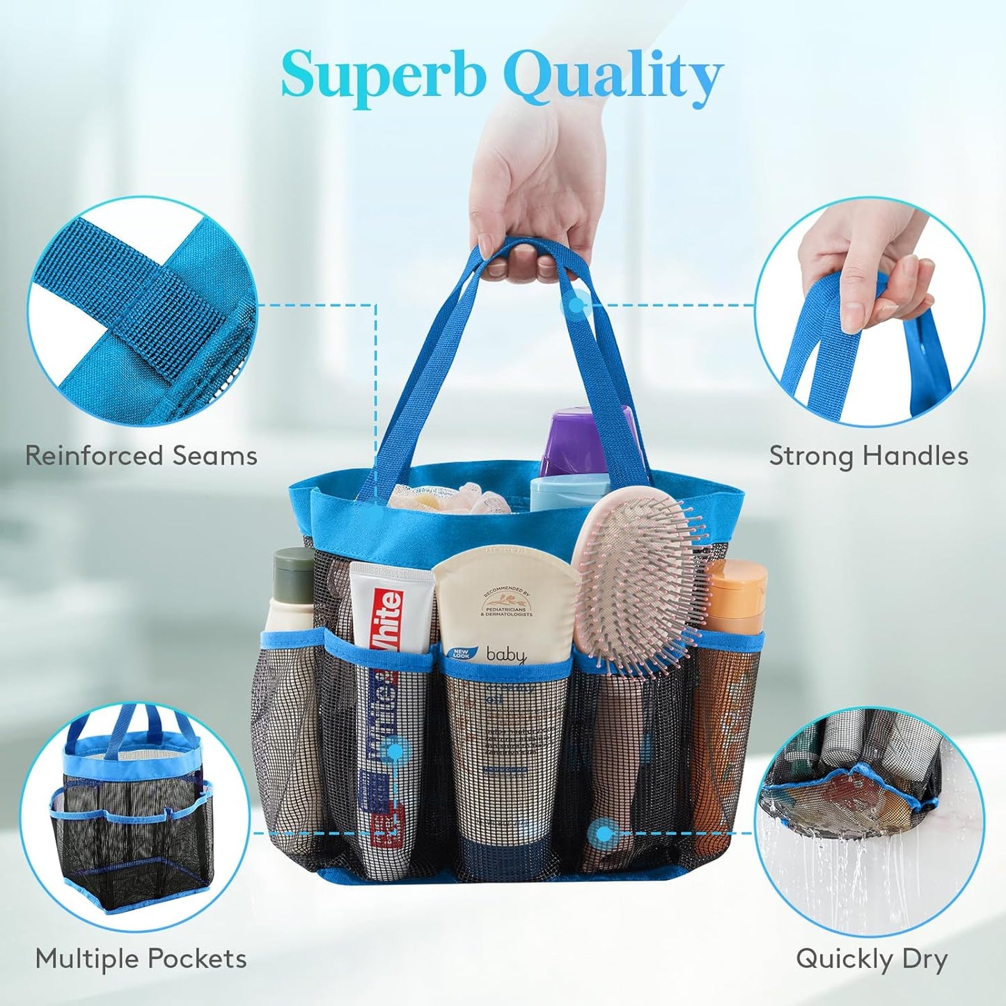 Lifewit Mesh Shower Caddy - Portable 7-Pocket Organizer Tote for College Dorms & Travel - Blue