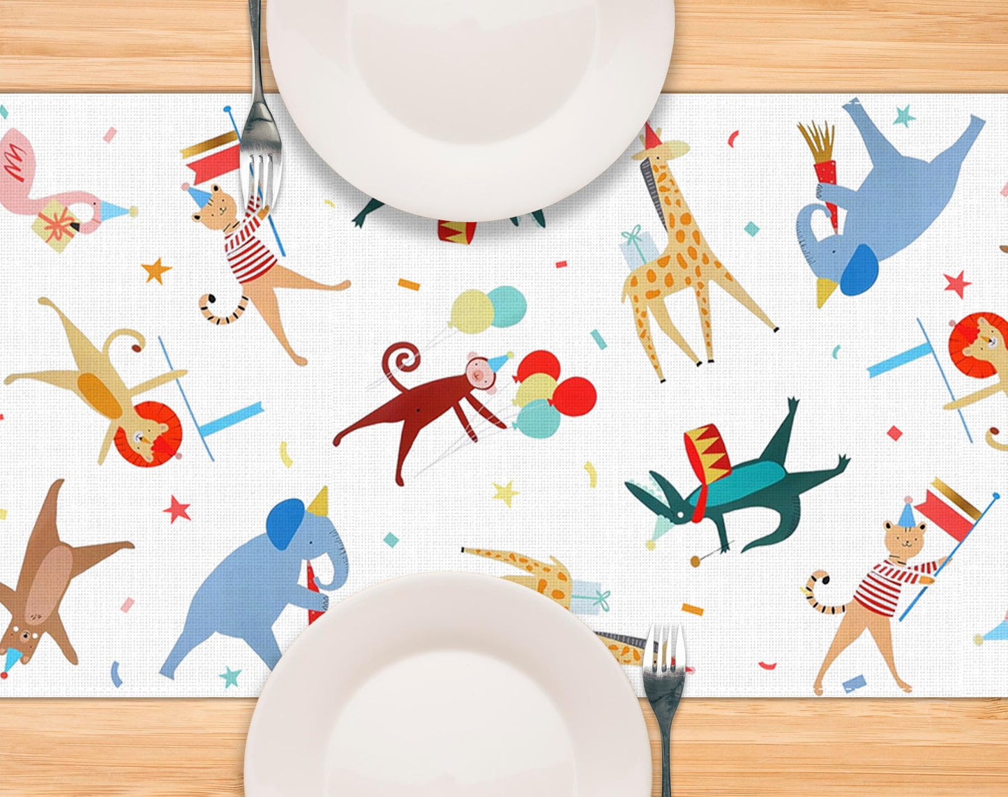 Pudodo Animal Parade Table Runner Jungle Animal Zoo Theme Birthday Party Baby Shower Kitchen Dining Room Home Decoration (13" x 72")