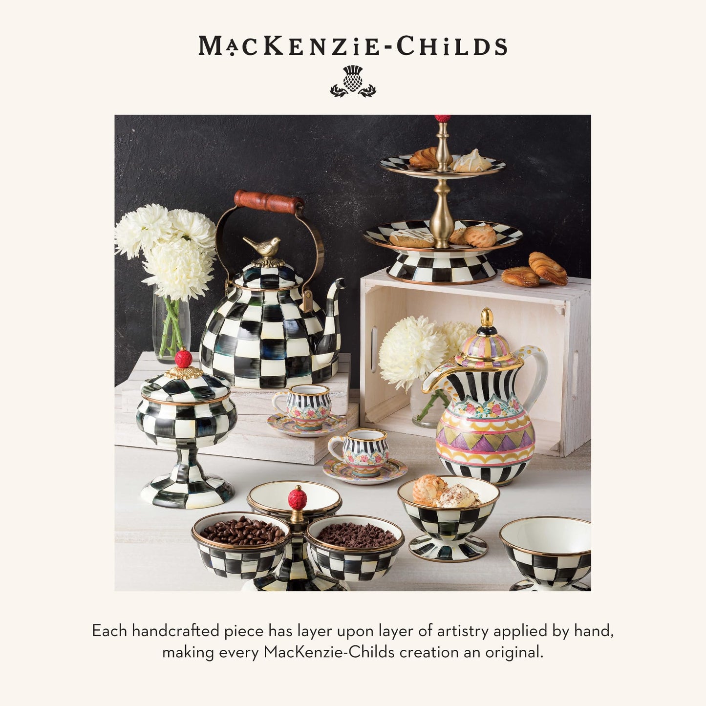 MACKENZIE-CHILDS Enamel Teacup, Unique Coffee and Tea Mug, Enamel Cup for Hot Tea, 10 Ounces, Brown-and-White Mocha Check