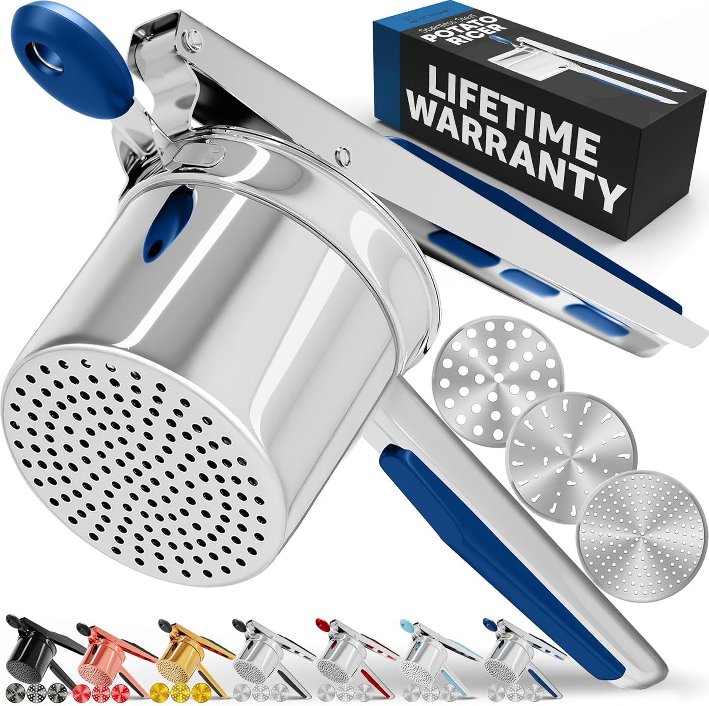 PriorityChef 15oz Potato Ricer - Heavy Duty Stainless Steel Masher With 3 Discs | Blue Kitchen Tool