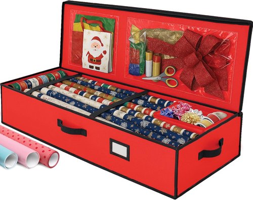Christmas Wrapping Paper Organizer by [Brand Name] - Heavy-Duty Storage Box for 24 Rolls | Red with Straps & Pockets
