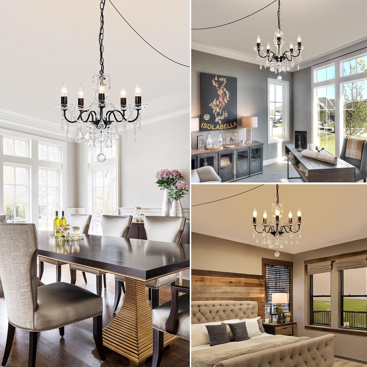 Plug in Modern 3-Light Gold Chandelier with Glass Crystals, Candle Style Pendant Light Fixtures for Living Room, Girls Room, Kitchen Island, Entryway
