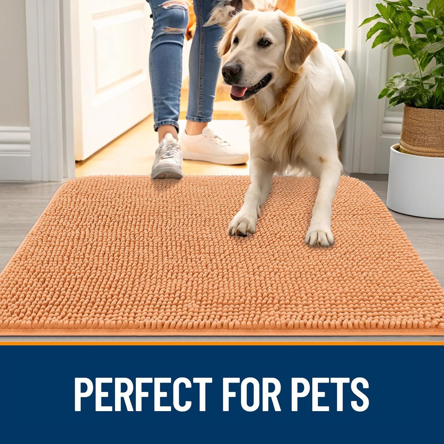 OLANLY Dog Door Mat - Absorbent Non-Slip Chenille for Muddy Paws | 40x24 Inches, Quick Dry, Orange