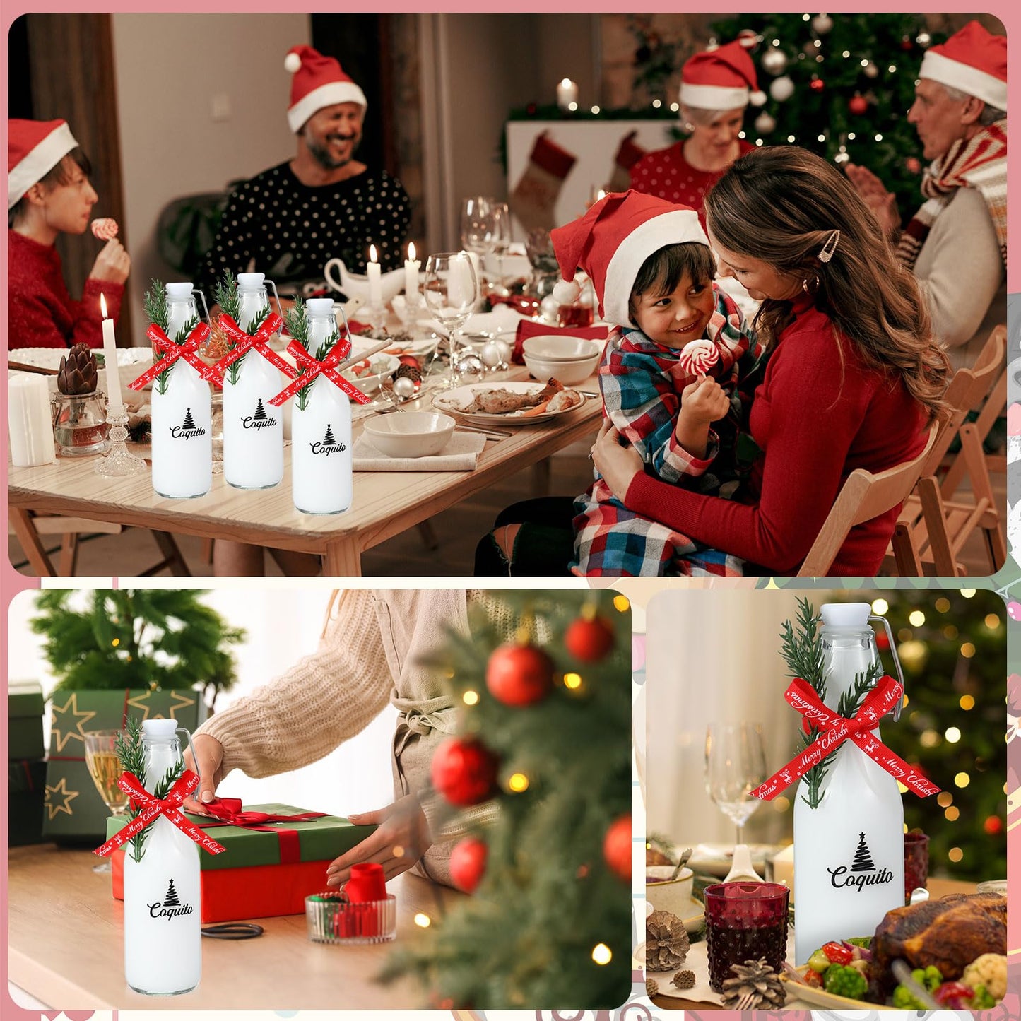 Sieral 12 Pack Christmas Coquito Glass Bottle 8oz Clear Flip Swing Top Beer Brewing Bottles with Ribbon and Artificial Branches for Liquids Wine Christmas Tree Xmas Gifts