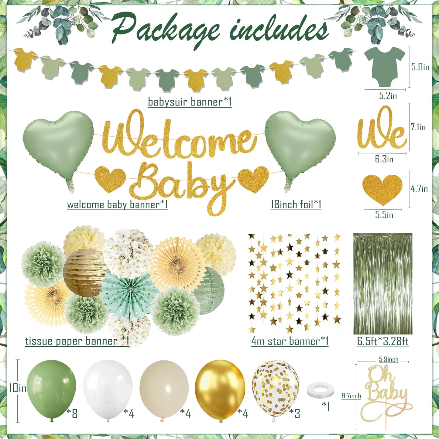 Sage Green Baby Shower Decorations - Gender Neutral Baby Shower Decor Set with Welcome Baby Banner, Tissue Pom Poms, Paper Lanterns, Flower Fans, Balloons, "Oh Baby" Cake Topper & Star Garland