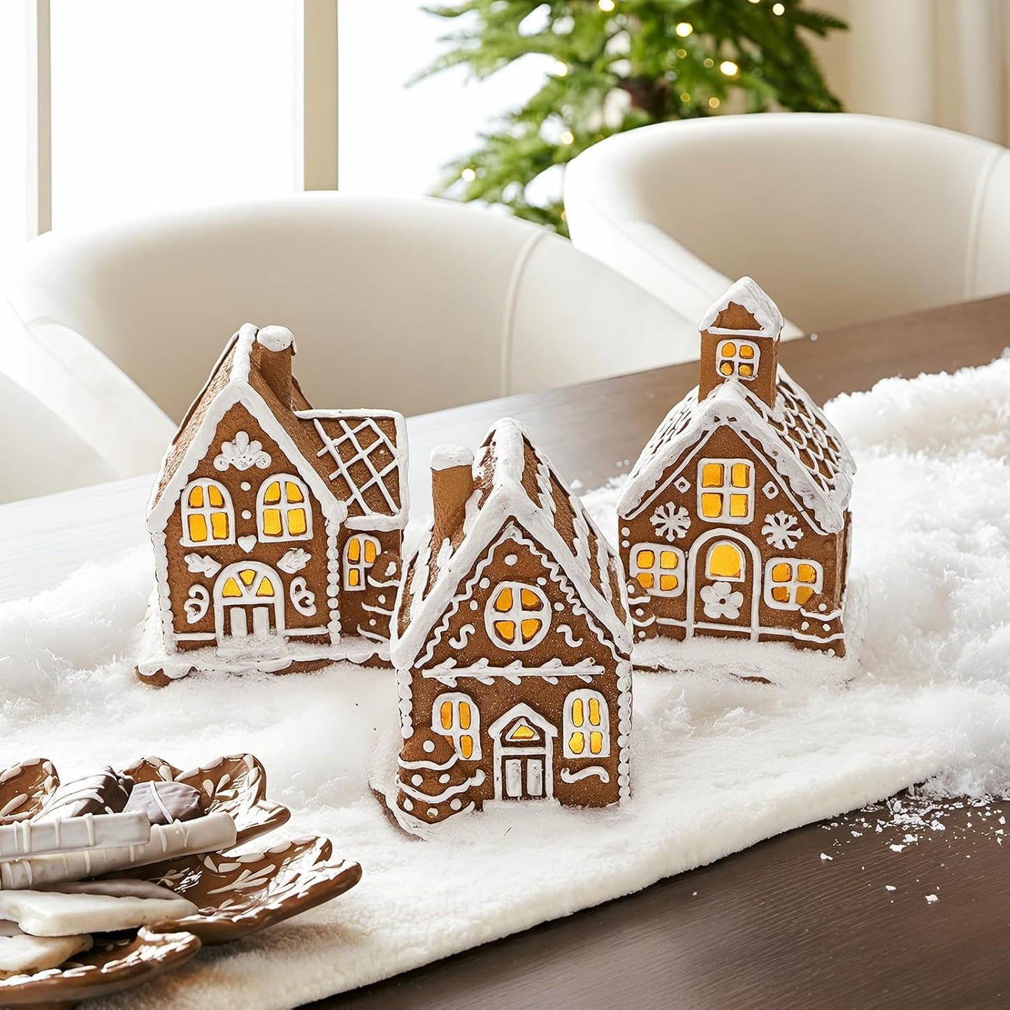 Skiennix Light-Up Gingerbread House Christmas Decorations | 3-Piece Collectible Figurines with LED Lights
