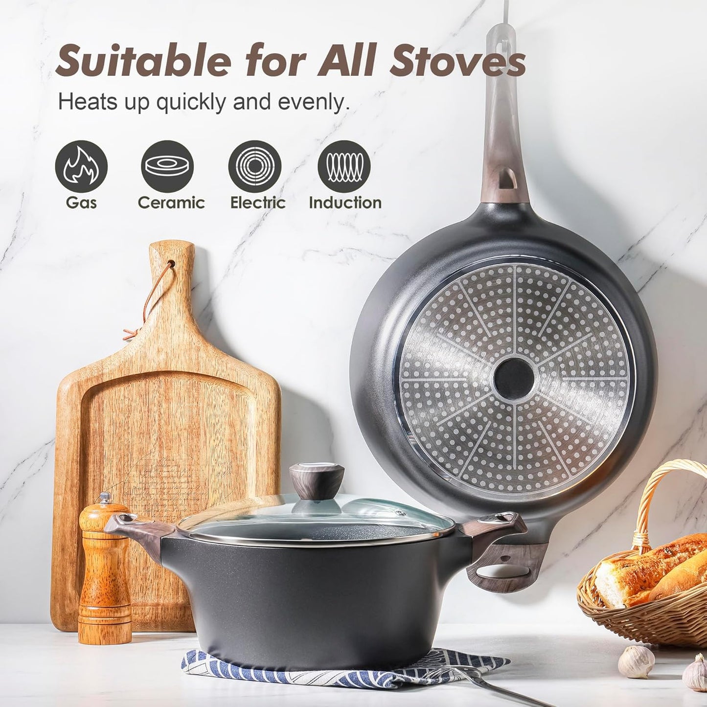 SENSARTE Non-Stick Induction Cookware Set - 14 Pcs Healthy Kitchen Pots & Pans, PFOA Free, Black