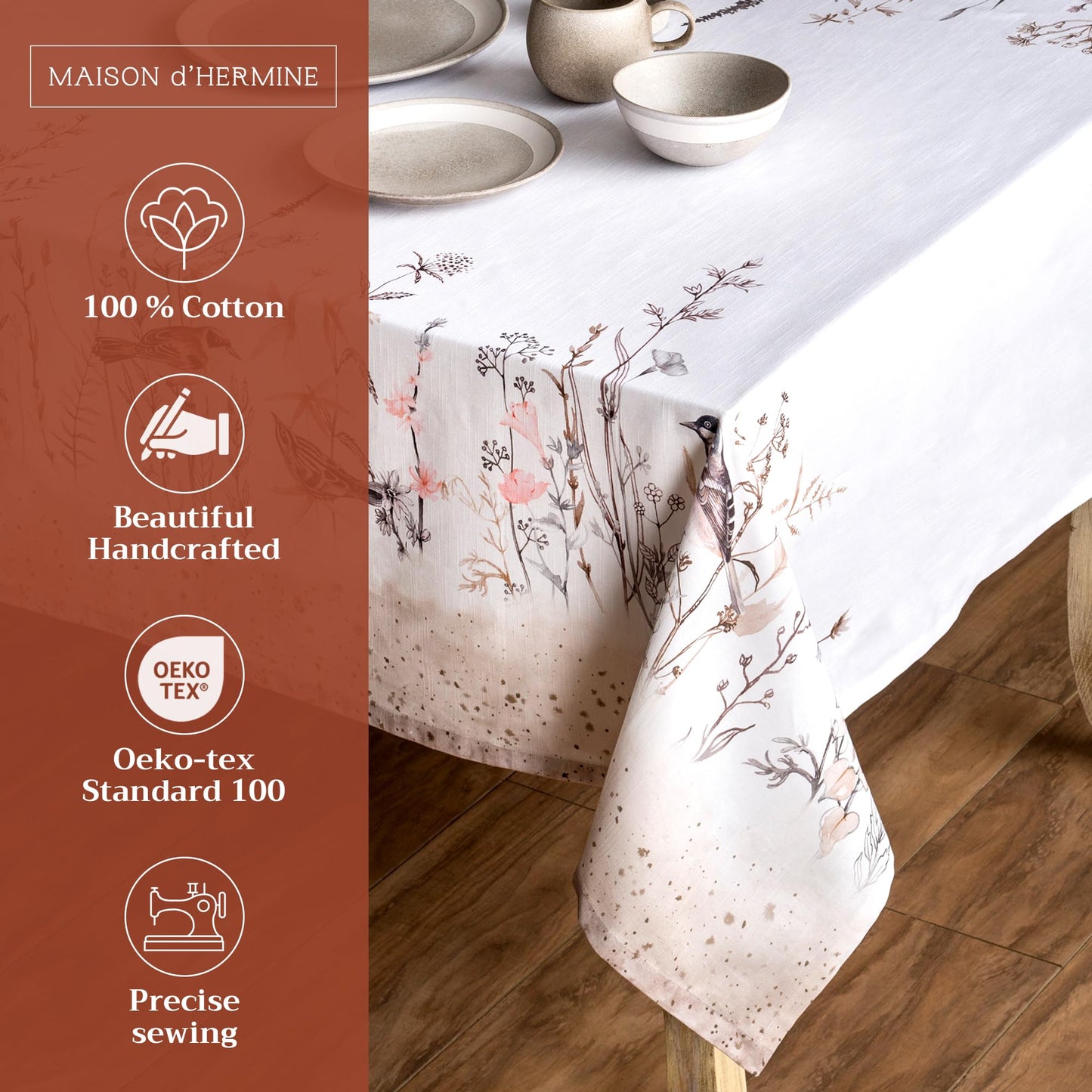 Maison d' Hermine Table Cloth Square Table 100% Cotton 54 x 54 Inches Tablecloth Reusable Decorative for Dining Kitchen Room Farmhouse Home Gifts for Mothers day Spring Summer - Meadow Florals - Brown