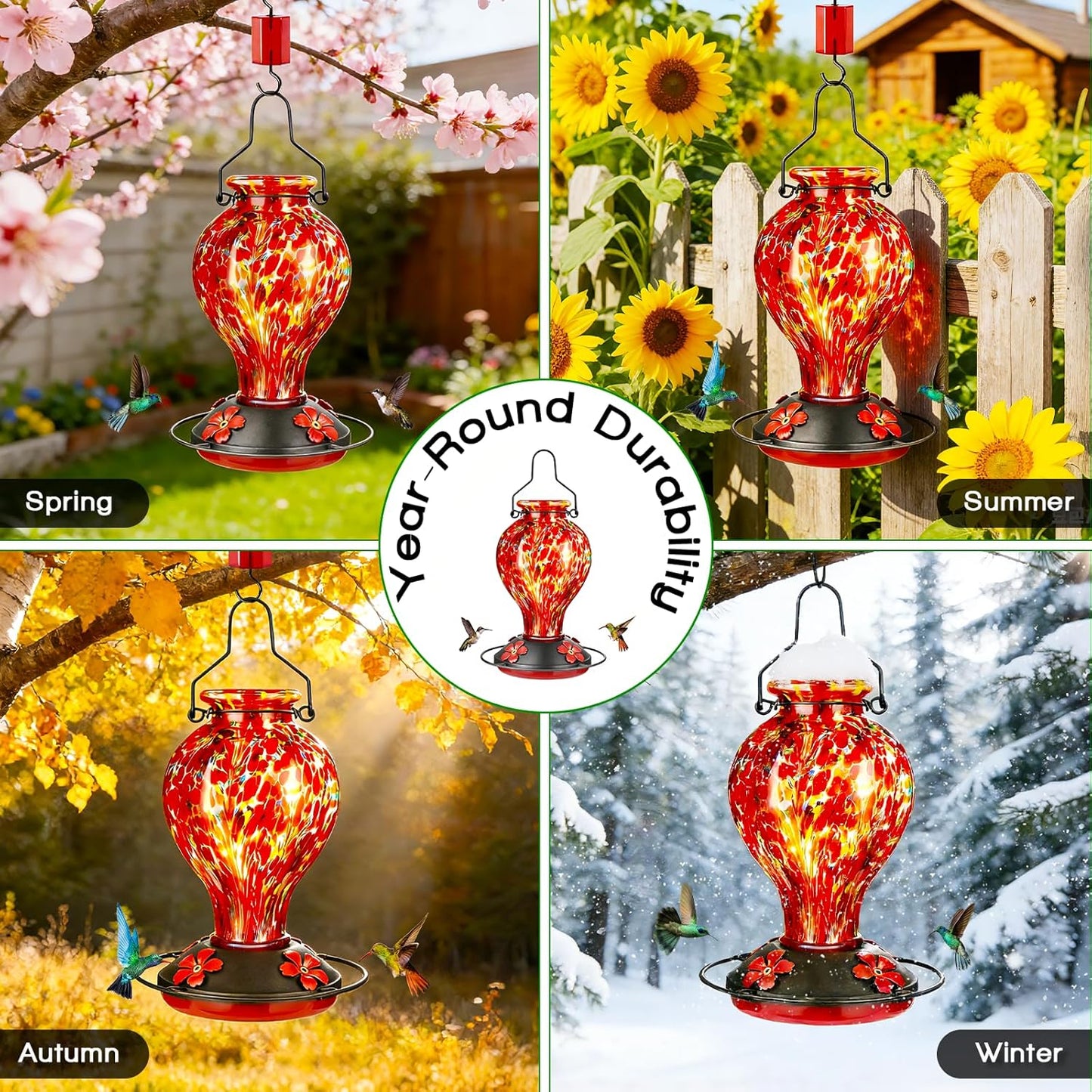 Skiennix Hand Blown Glass Hummingbird Feeder - 24oz Outdoor Nectar Feeder with Ant Moat & Bee-Resistant Ports | Red Polka Dots Garden Decor Gift for Moms