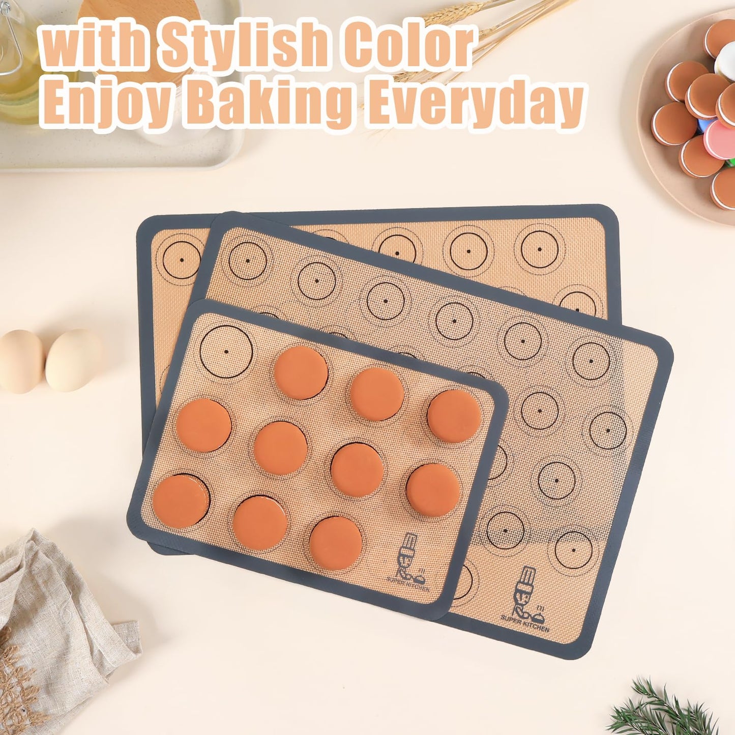 Silicone Baking Mat Macaron - Set of 3 (2 Half Sheet Liners and 1 Quarter Sheet), Non Stick Silicon Cookie Oven Liner For Macaroons, Bake Pans, Pizza, Toaster, Cake and Bread Making (16.5x11.6, Grey)