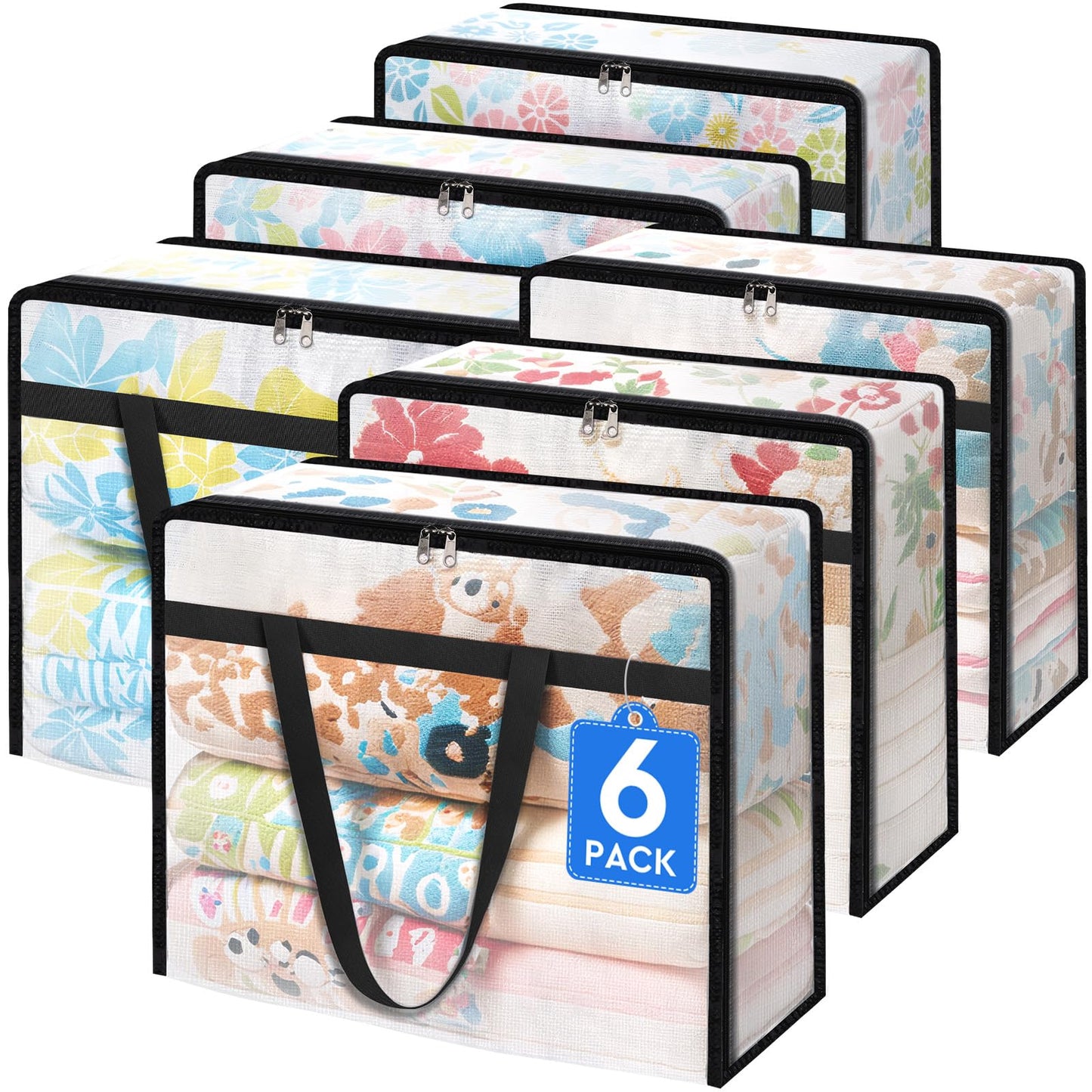 TasticTotes 6 Pack Clear Storage Bags for Comforter, Clothes & Bedding, Plastic Blanket Storage with Zipper and Handle, Moving Bags, Closet Organizer and Under-Bed Storage (40L)