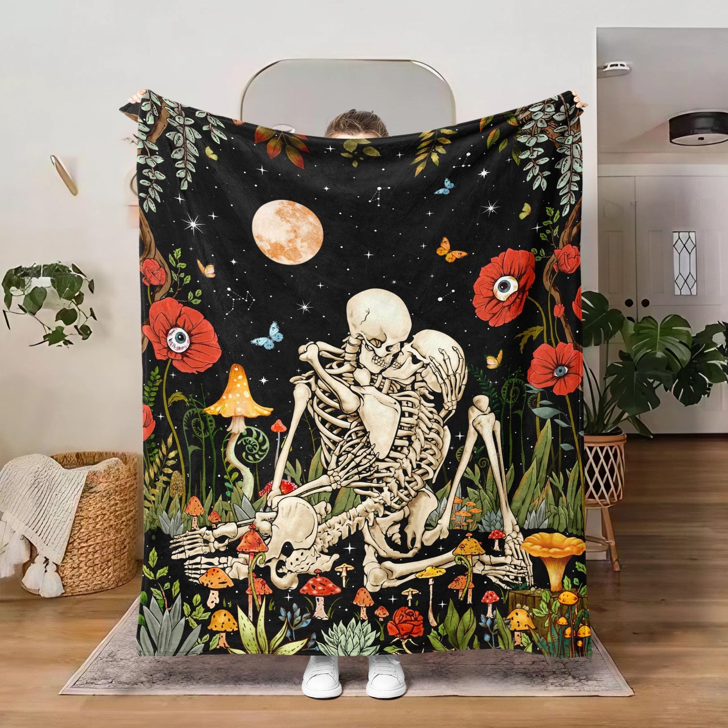 Leeisysme The Kissing Lovers Floral Fleece Throw Blanket, Hippie Skeleton Moon Mushroom Skull Flower Plants Romantic Cozy Decor Nap Blankets for Sofa Bed Couch Chair or Dorm Throws 50×60 inches