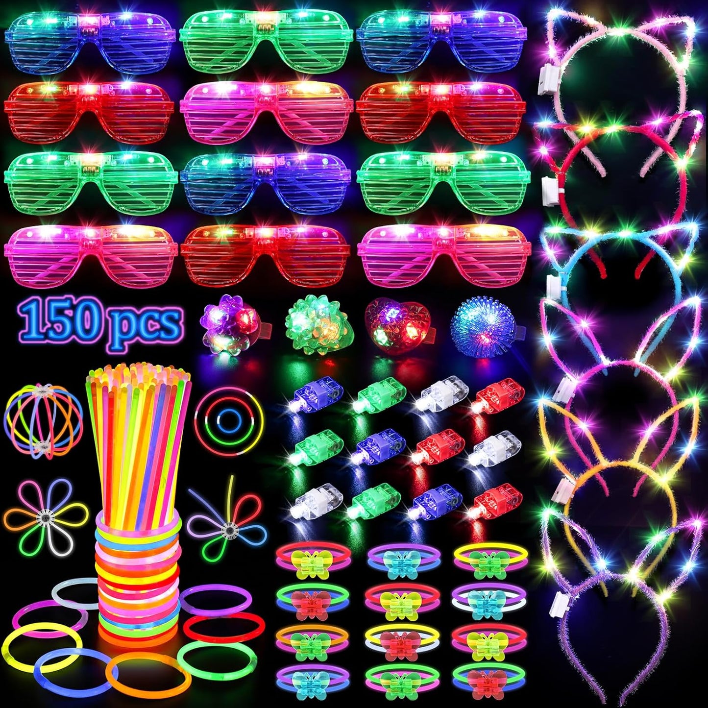Skiennix 150PCS Glow in the Dark Party Supplies - Light Up Glasses, Headbands & Rings | Neon Party Pack