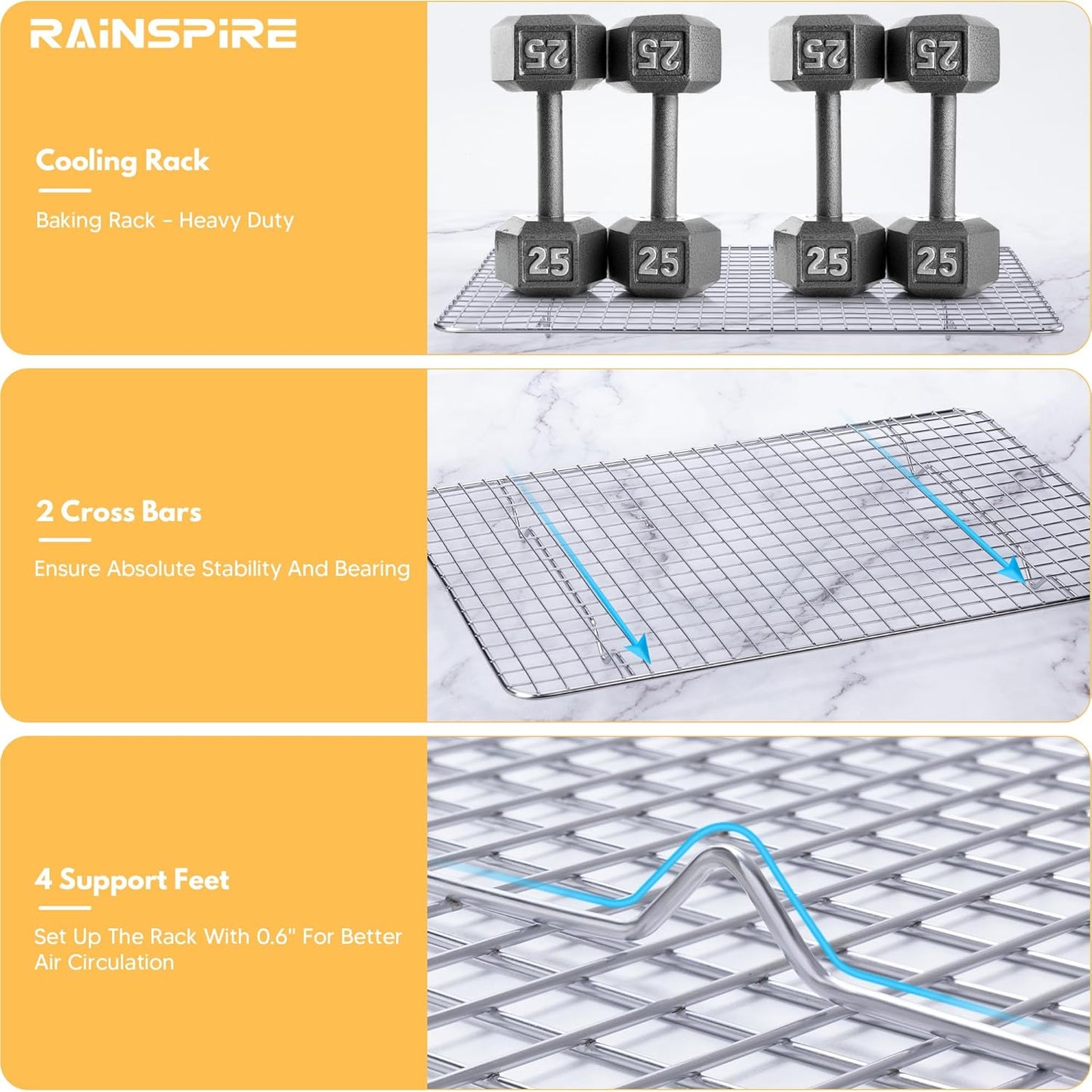 Rainspire Stainless Steel Cooling Rack - Heavy Duty Oven Safe Baking Rack | Fits Quarter Sheet Pan, 8.5" x 12", 2-Pack