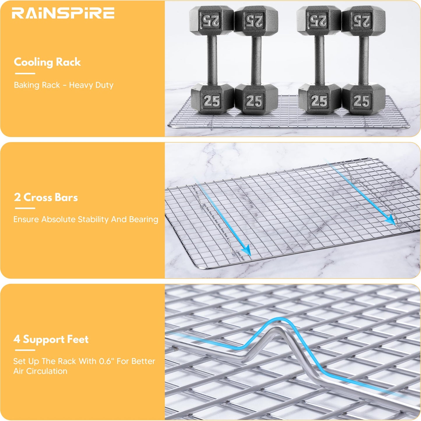 Rainspire Cooling Rack Stainless Steel, Heavy Duty Cooling Racks for Cooking and Baking, Oven Safe Wire Rack for Cooking, Baking Rack for Oven Cooking Fits Quarter Sheet Pan (1, 8.5" x 12")