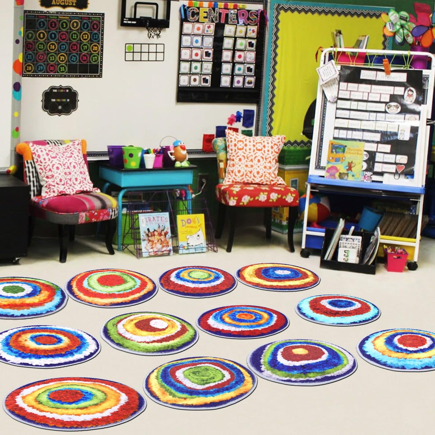HiiARug Carpet Circles Kids Rug 16Inch Rainbow Crazy Carpet Circle Seats Preschool Classroom Accessories 12pcs Round Flexible Seats Group Activity Spots Marker for Classroom Kindergarden Playroom