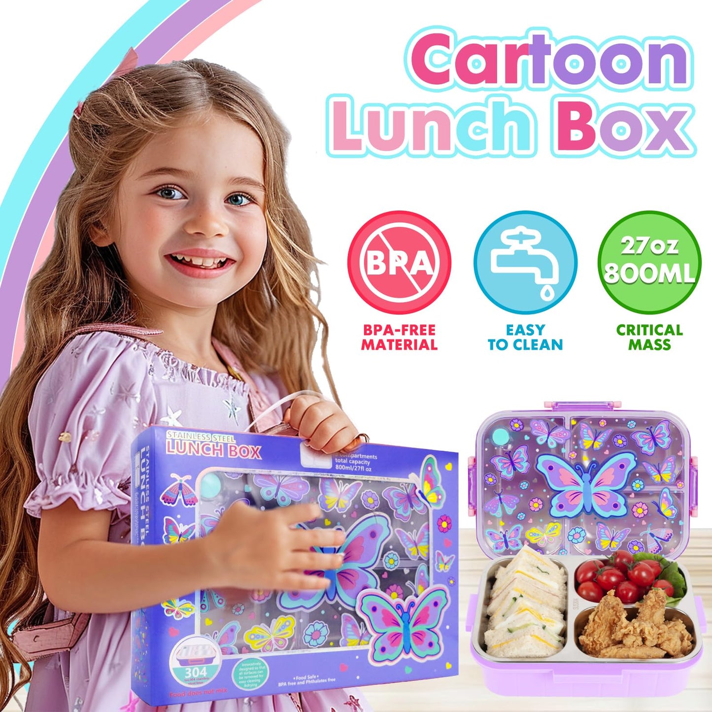 YOYTOO Stainless Steel Bento Lunch Box for Kids, 800ml/27oz BPA-Free Leak-Proof Food Containers with 3 Compartments, Freezer & Dishwasher Safe, Back to School Students Lunches Size for Ages 3-7