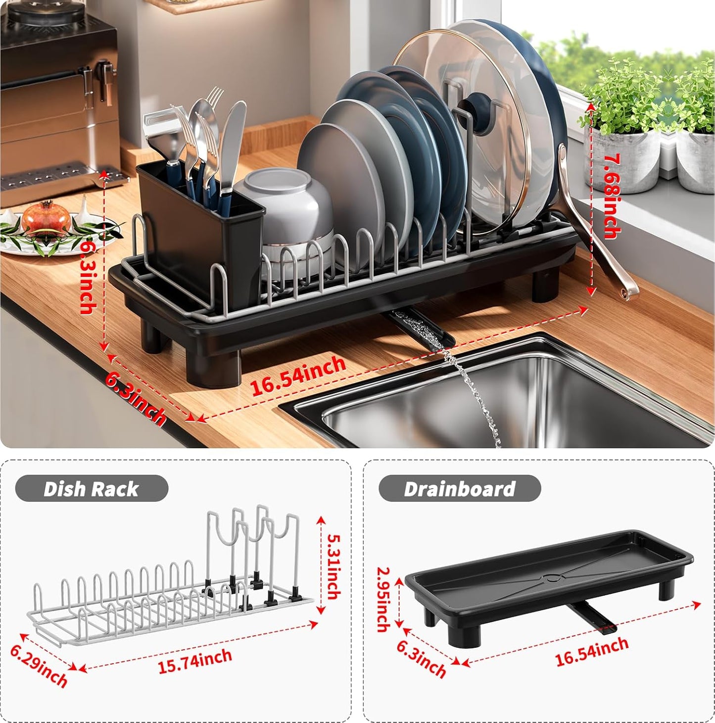 SanDream Small Dish Drying Rack - Stainless Steel with Removable Utensil Holder & Anti-Scratch Base | Space-Saving Design in Black
