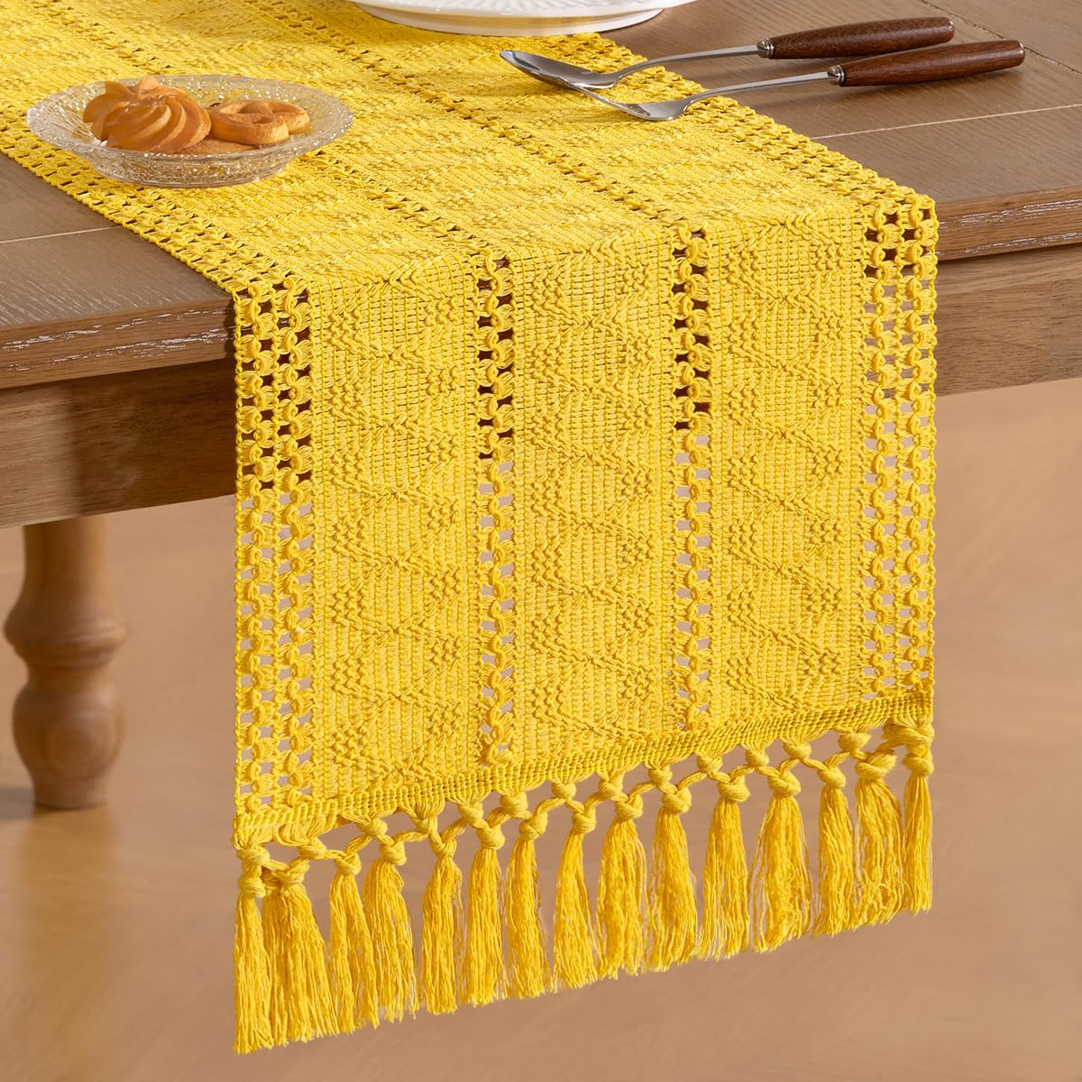 Socomi Boho Table Runner Macrame Easter Spring Farmhouse Woven Cotton Linen Rustic Coffee Table Runner with Tassels for Dresser Scarf Home Decor Dining Room 12x90 in Yellow Gold