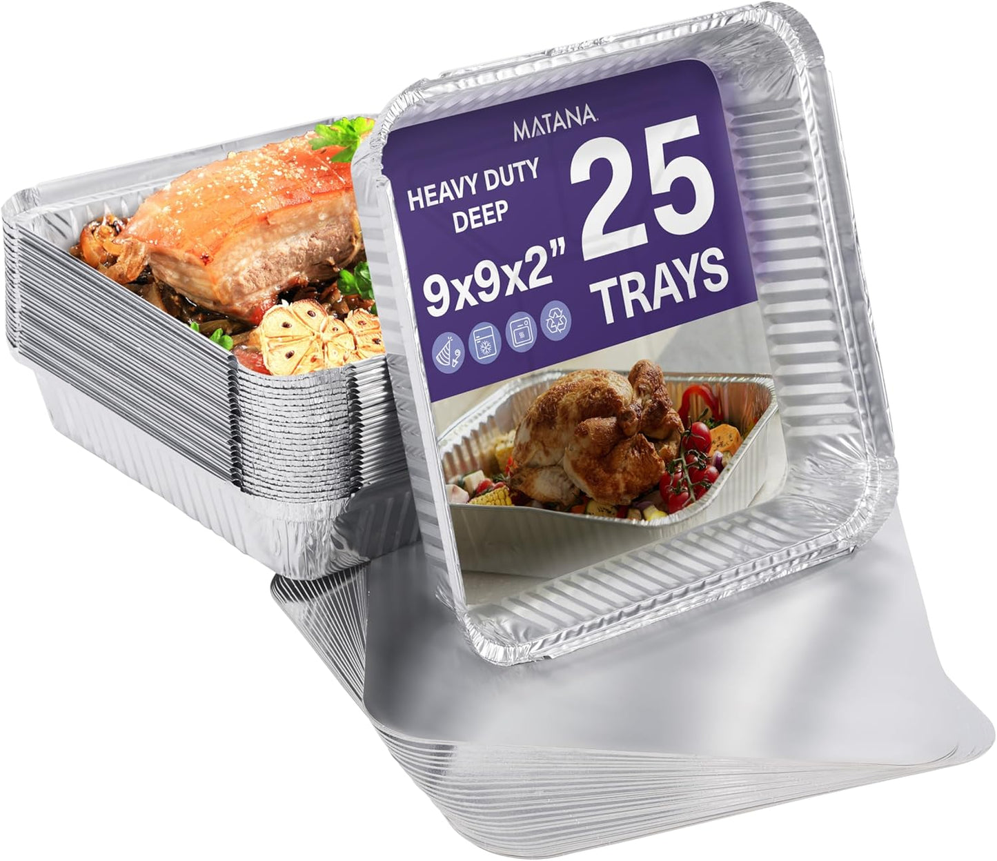 Matana 25 Pack Aluminum Pans - 9" Square Disposable Foil Baking Trays with Lids