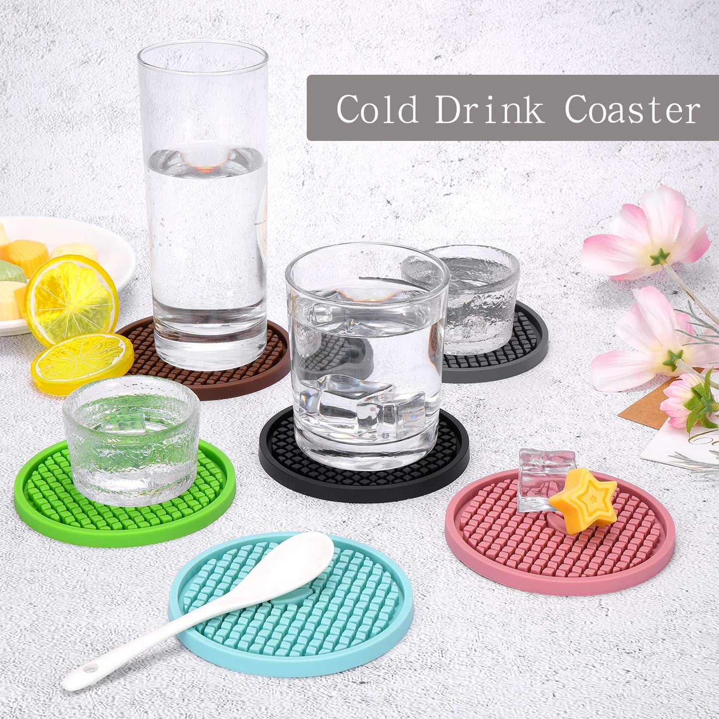 ME.FAN Silicone Coasters [6 Pack] Thickened Drink Coasters with Holder - Cup Mat - Non-Slip, Non-stick, Stay Put, Deep Tray - Prevents Furniture and Tabletop Damages