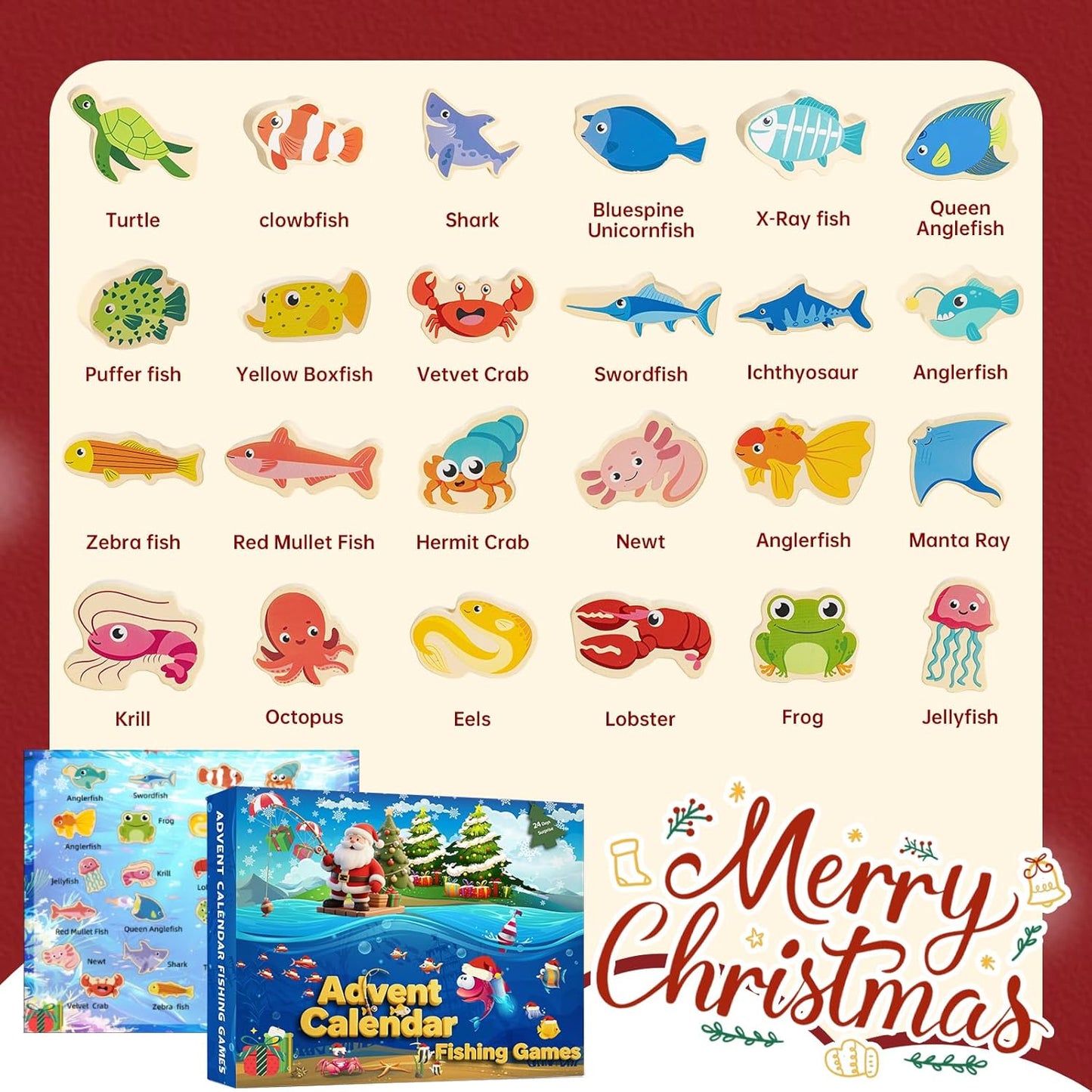 Skiennix Fishing Advent Calendar 2026 - 24-Day Wooden Countdown for Kids | Fun Marine Learning Gift
