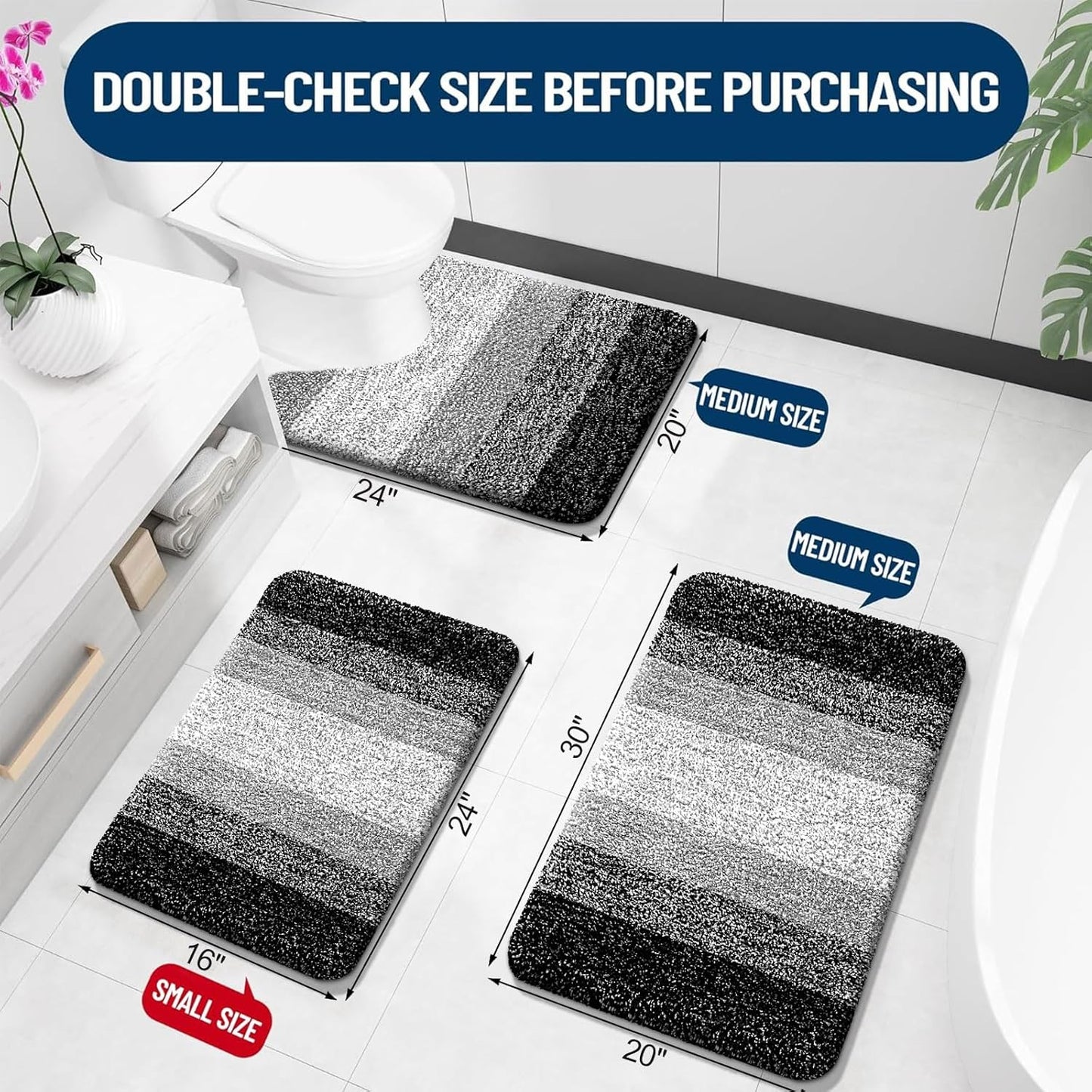 OLANLY Bathroom Rug Set - Soft Absorbent Microfiber Mats & U-Shaped Contour Rug | 3-Piece Black Set (30"x20"+24"x16"+24"x20")