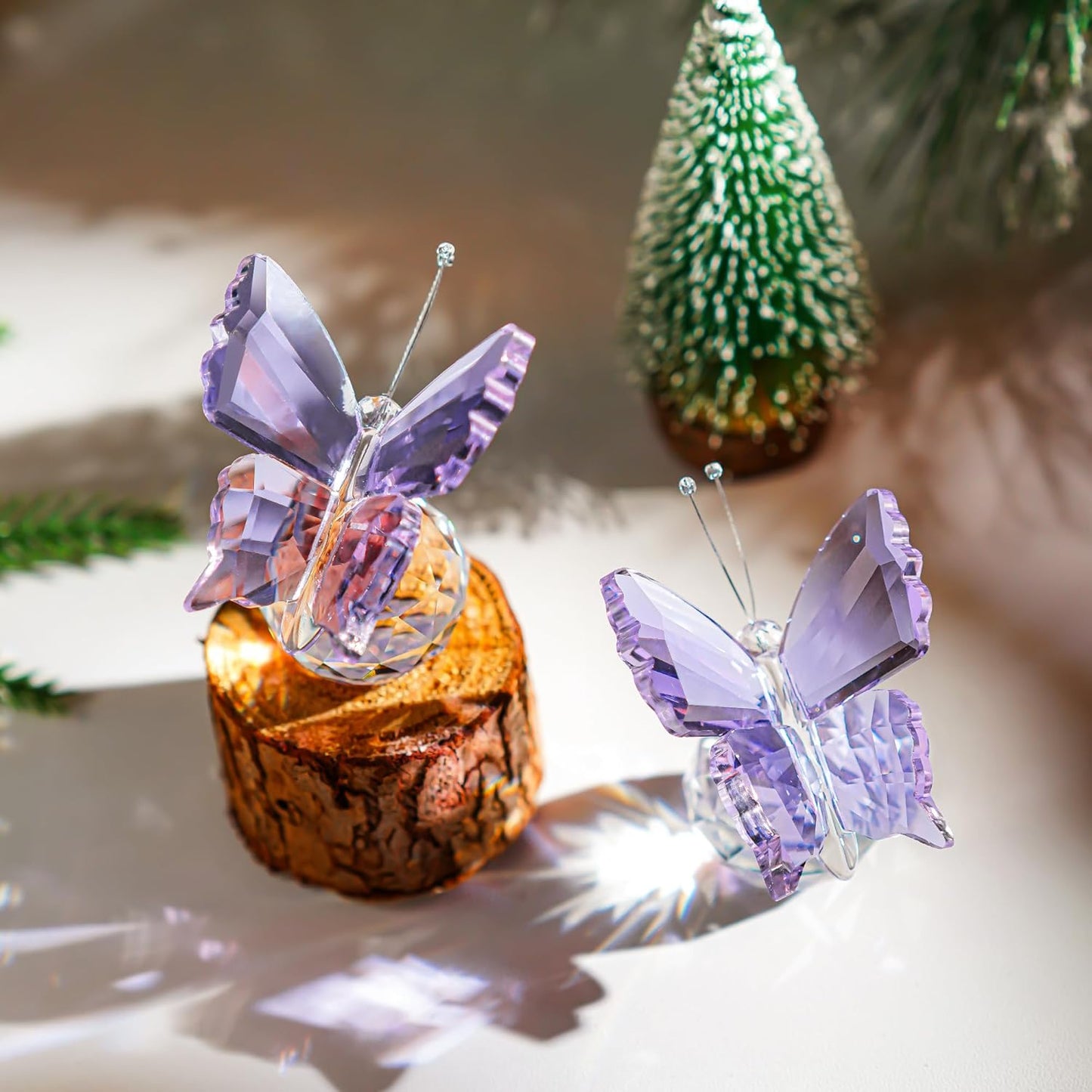 Kanpura Crystal Butterfly Figurines - 2 Pcs Glass Statues with Ball Base for Home Christmas Decor | Purple