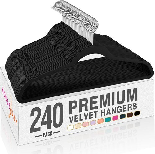 HOUSE DAY Black Velvet Hangers - 240 Pack Premium Non-Slip Felt Clothes Hangers | Heavy Duty, Space Saving
