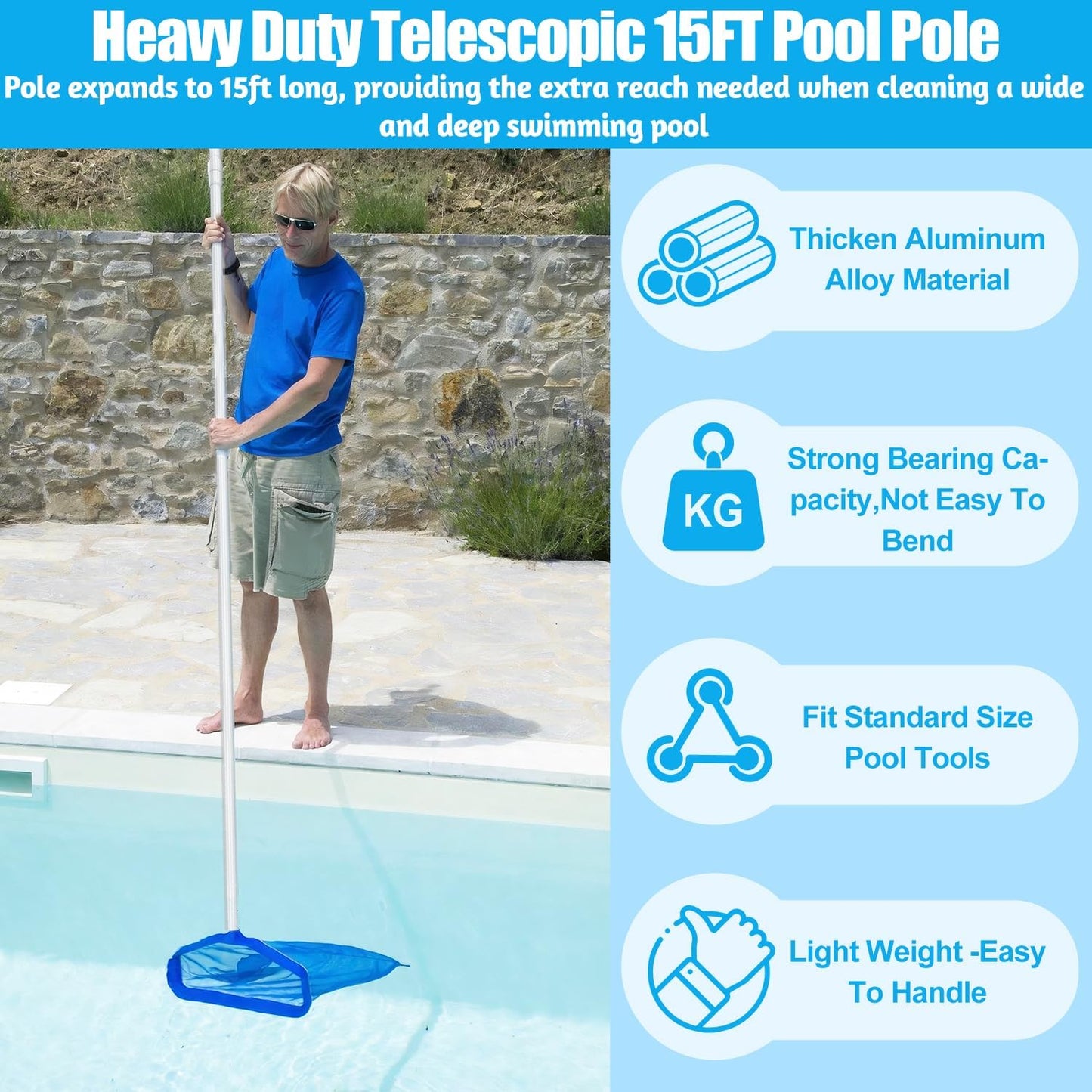 YEECHUN 15-Foot Telescopic Aluminum Swimming Pool Pole - Heavy Duty for Skimmer Nets & Brushes