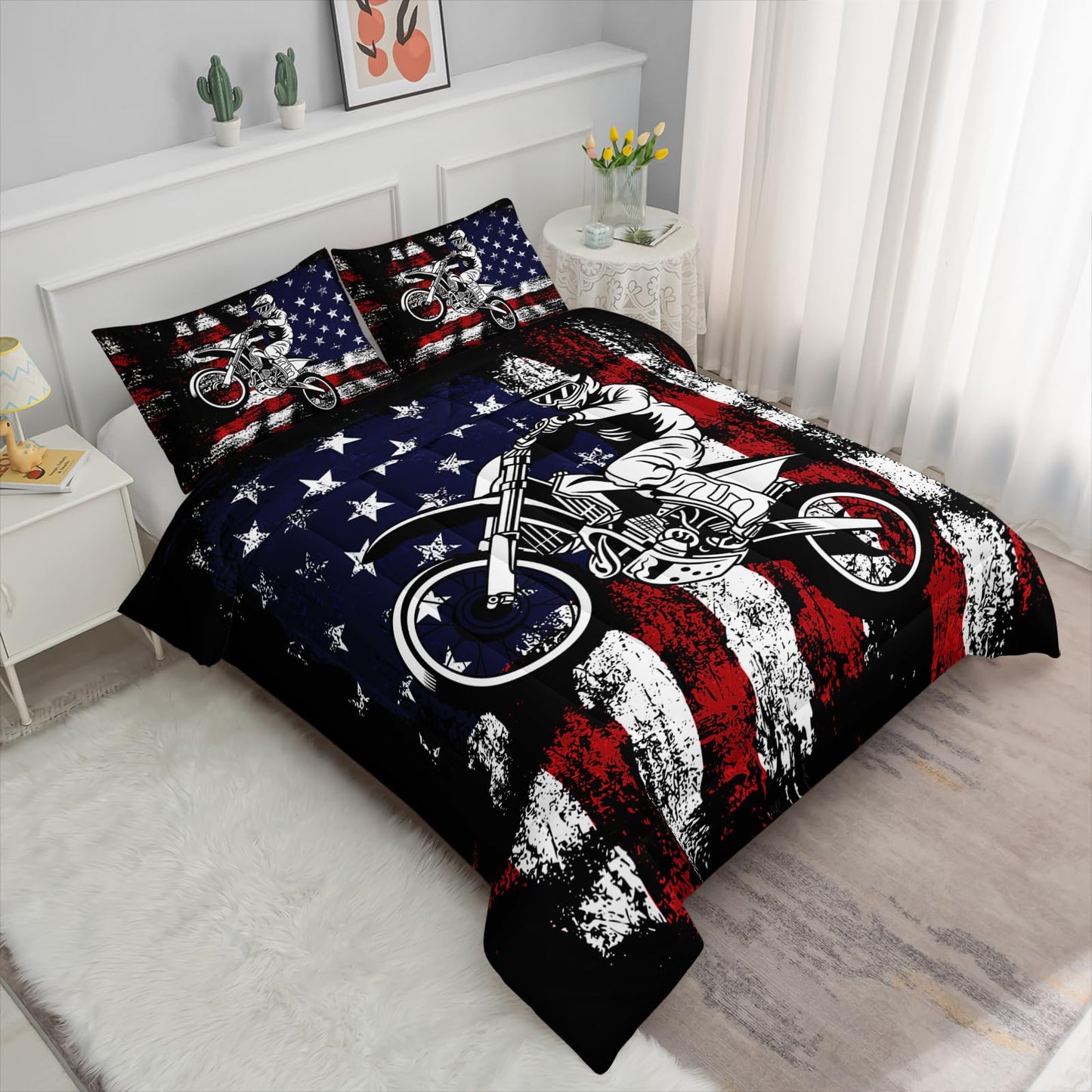 Axolotl Dirt Bike Comforter Set Twin, American Flag Bedding Set, Motocross Comforter,White Red Stripes Stars Bedding, Motorcycle Racer Quilt for Boys Kids Teens Men, 1 Dirt Bike Quilt 2 Pillowcases